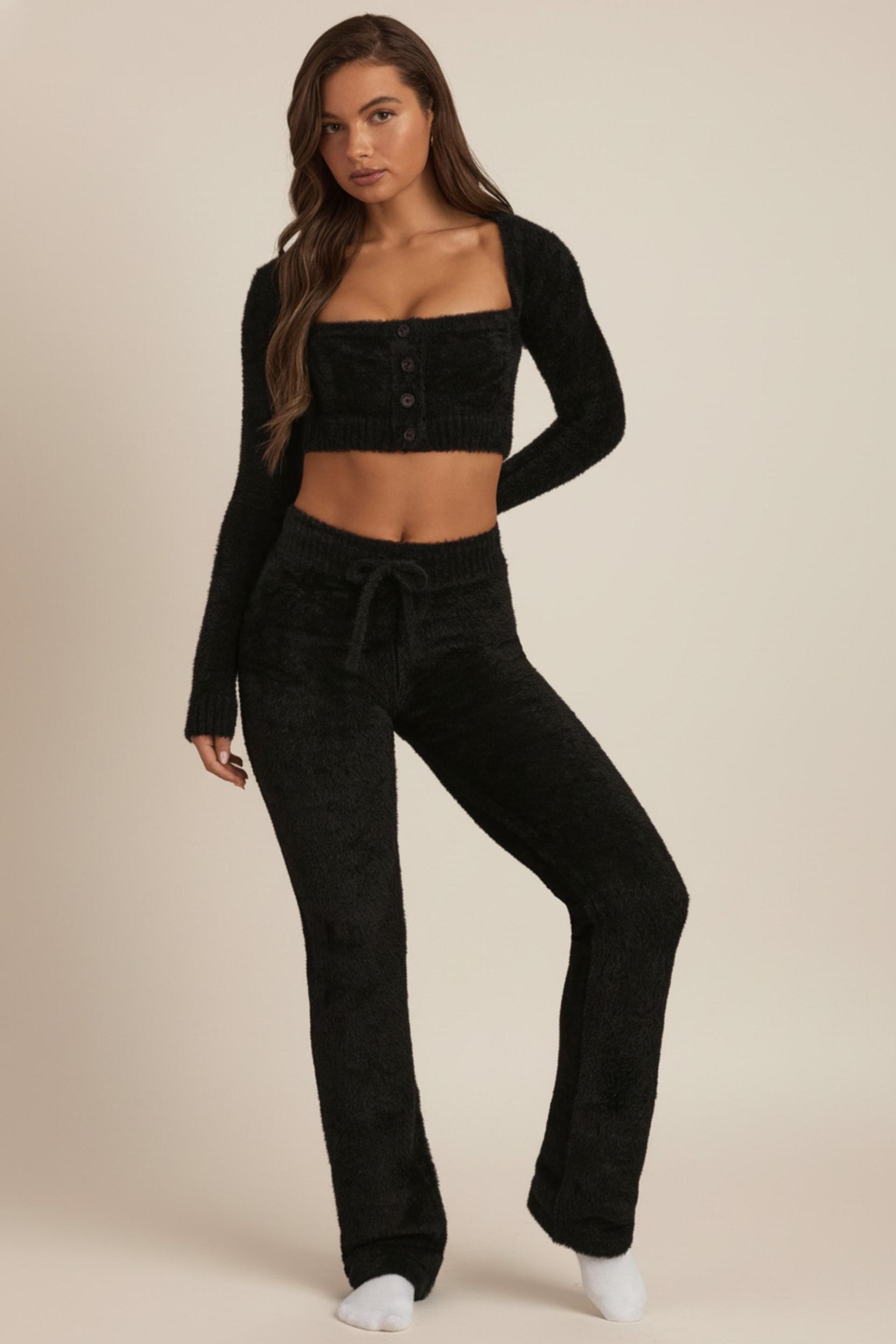 Fluffy Knit Wide-Leg Trousers in Black Female Product Image