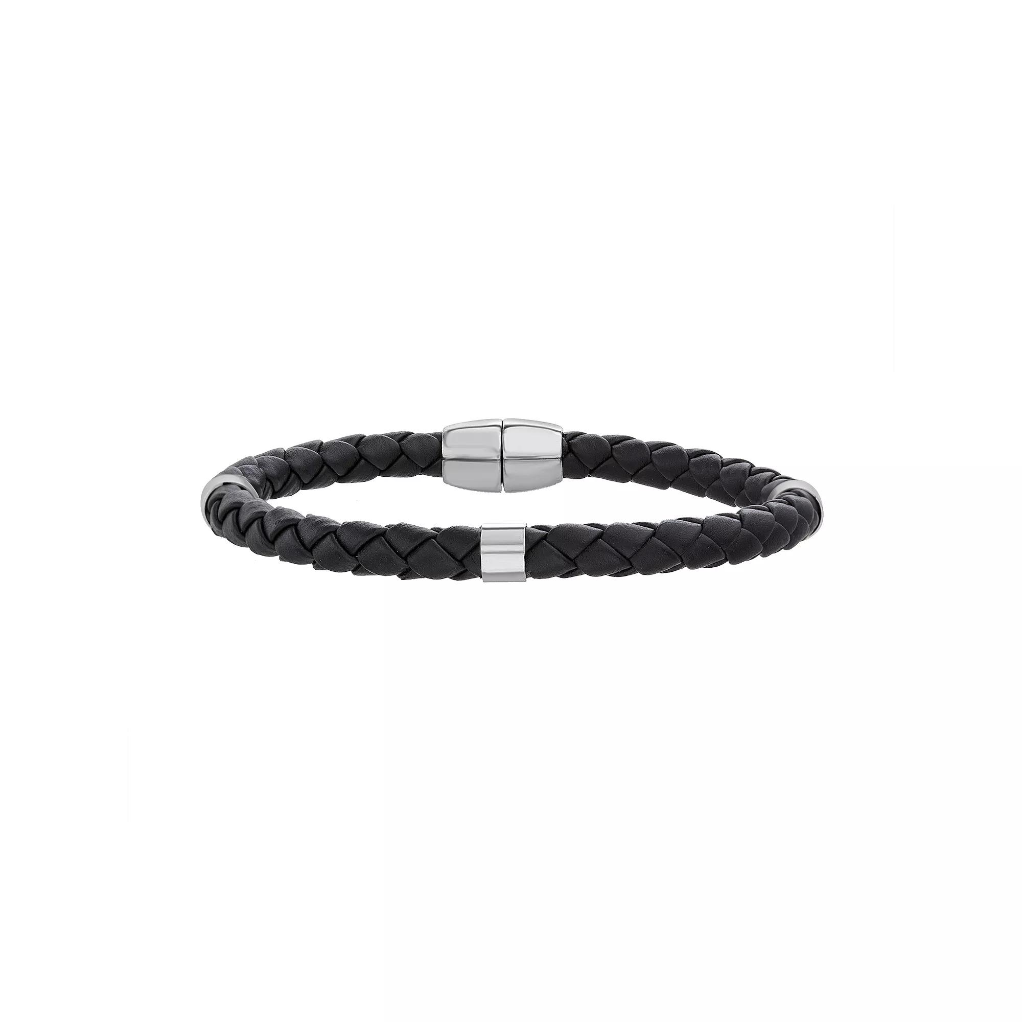 1913 Men's Stainless Steel Stations & Braided Vegan Leather Bracelet, Size: 8.5" Product Image