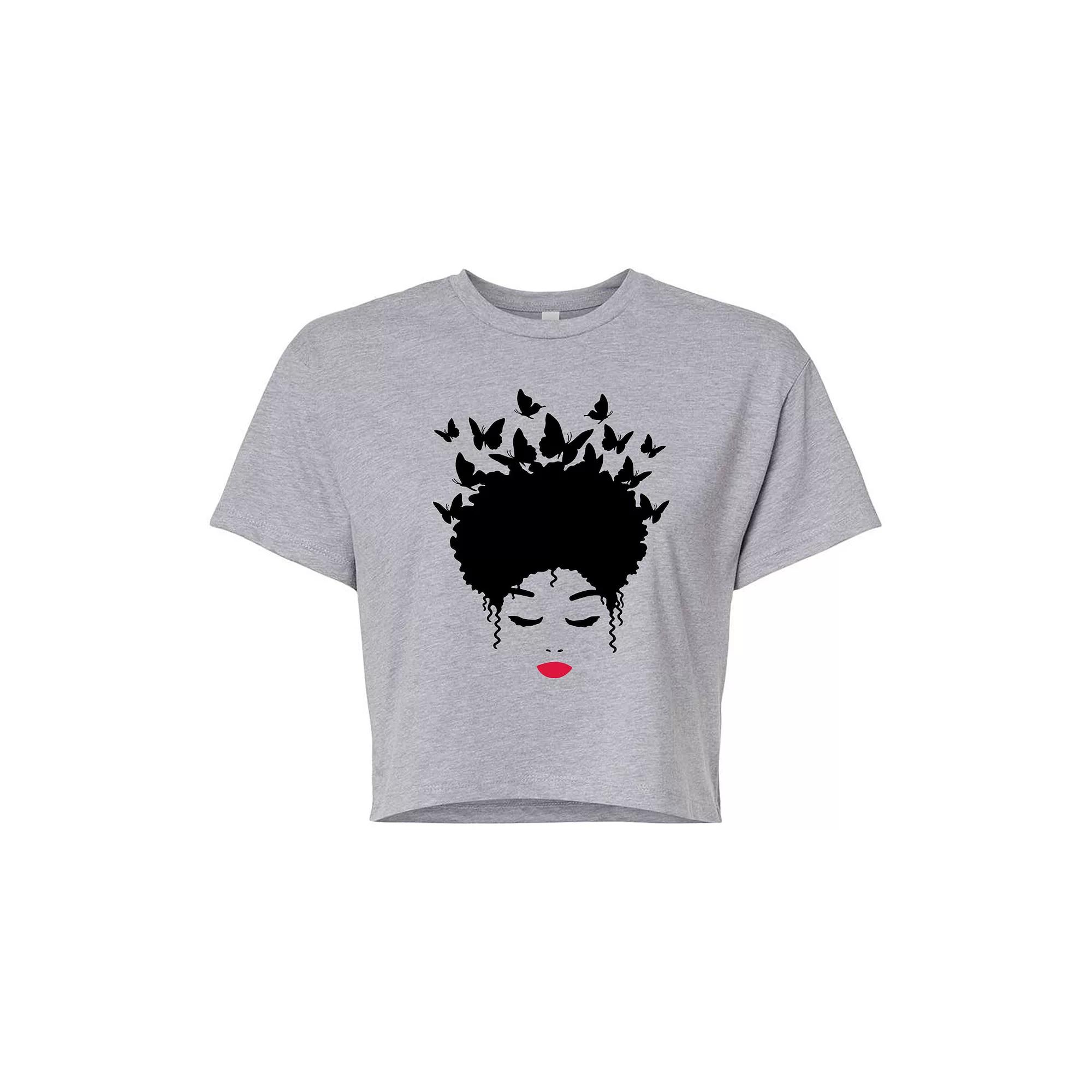 Juniors' Woman of Color Black Butterfly Hair Cropped Tee, Girl's,  Product Image
