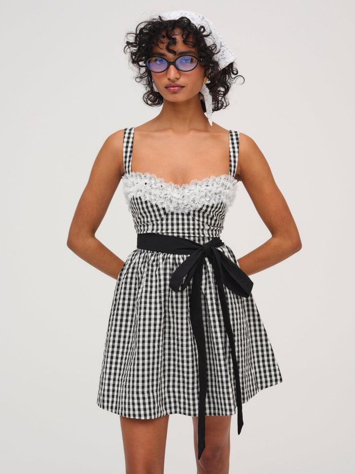Georgia Gingham Sleeveless Mini Dress — Black Product Image