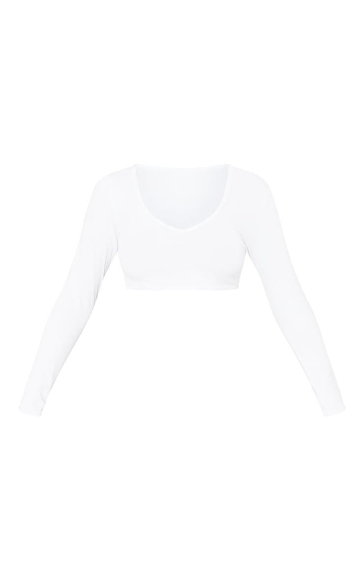 Basic White Cotton Blend Long Sleeve Deep V Crop Top Product Image