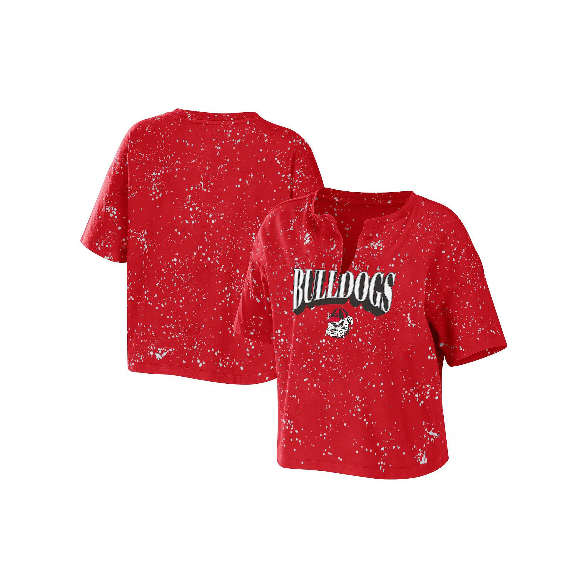 Women's WEAR by Erin Andrews Red Georgia Bulldogs Bleach Wash Splatter Notch Neck T-Shirt,  Product Image