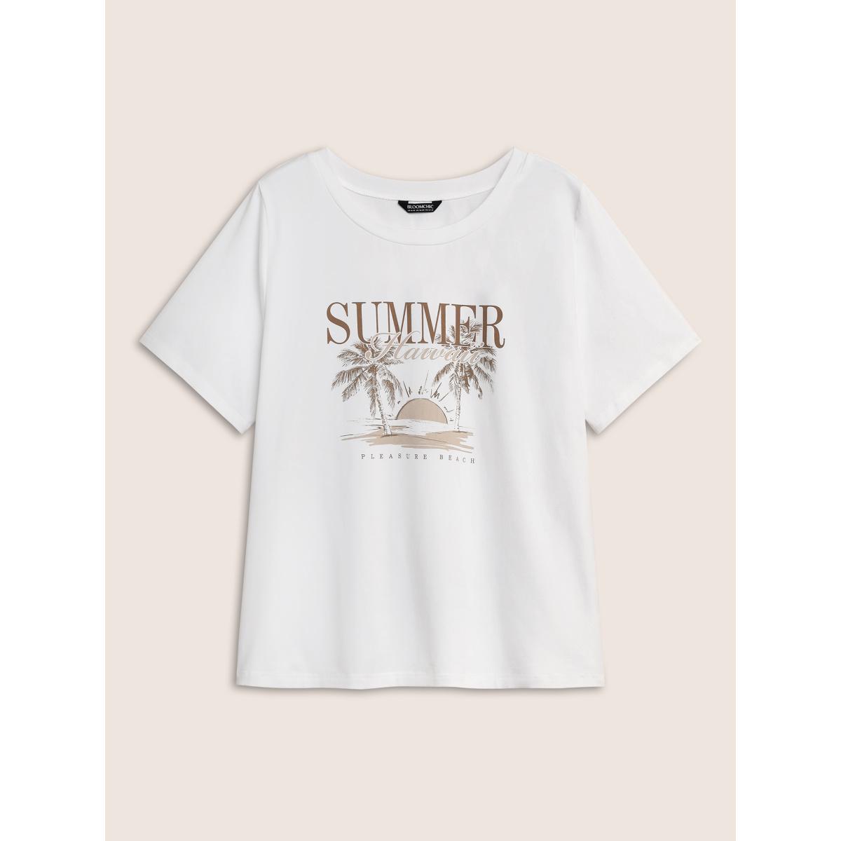 Plus Size Tropical Landscape Print Round Neck T-shirt Originalwhite Women Resort Contrast Round Neck Vacation T-shirts BloomChic 26/4X Product Image