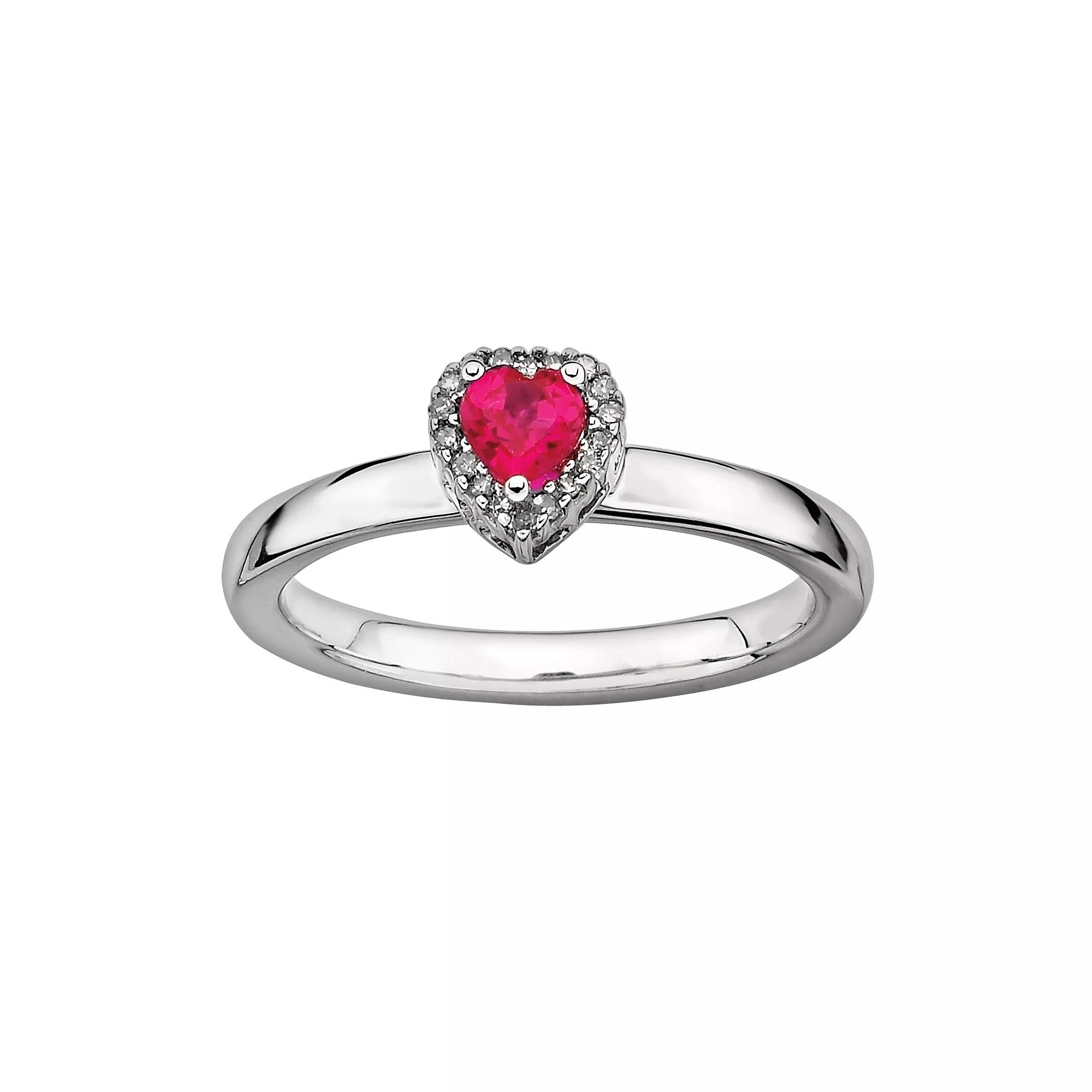 Stacks & Stones Sterling Silver Lab-Created Ruby & Diamond Accent Heart Stack Ring, Women's, Size: 10 Product Image