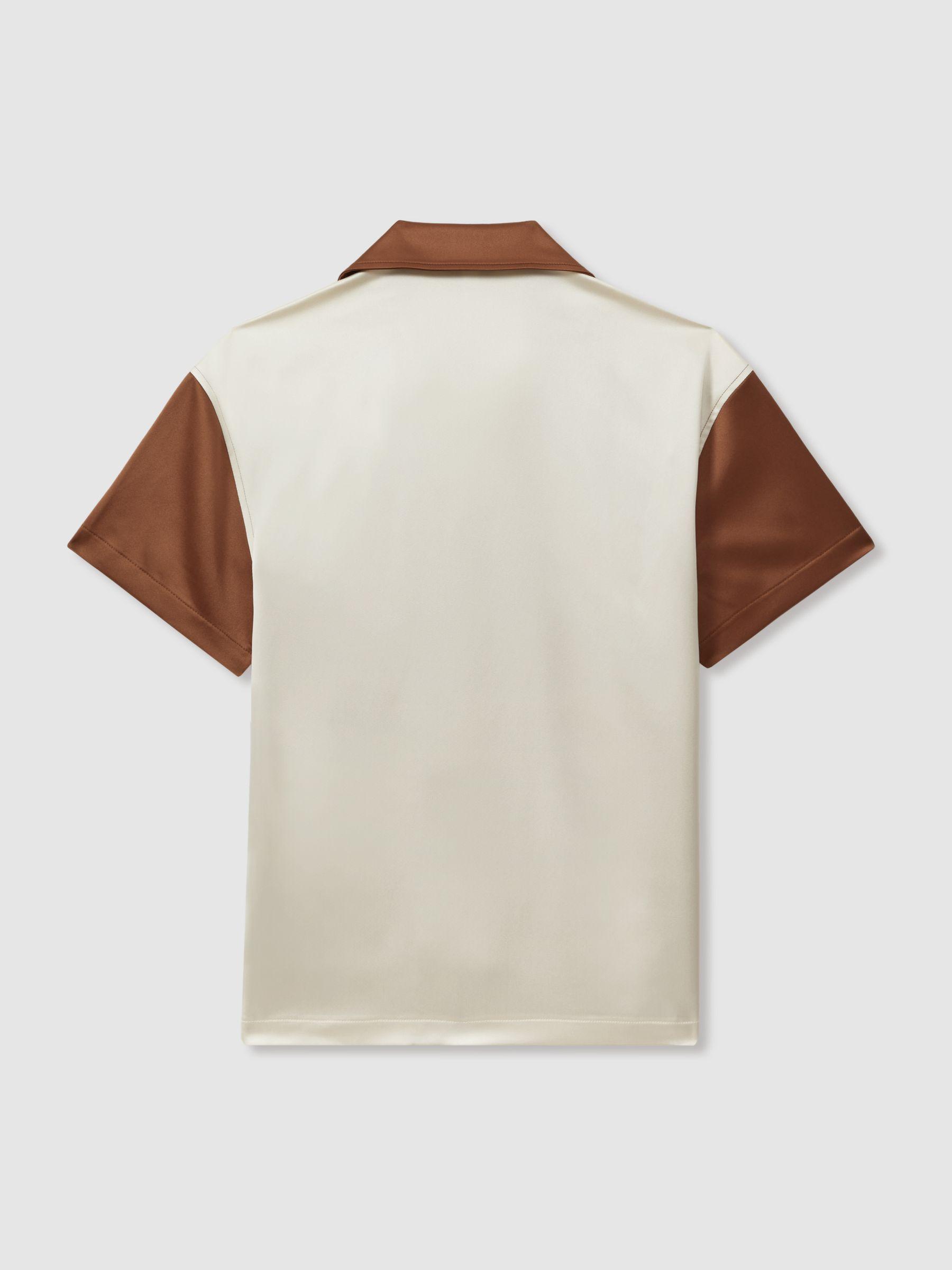 Noto Tobacco/Ecru Ché Satin Effect Colourblock Cuban Collar Shirt Product Image