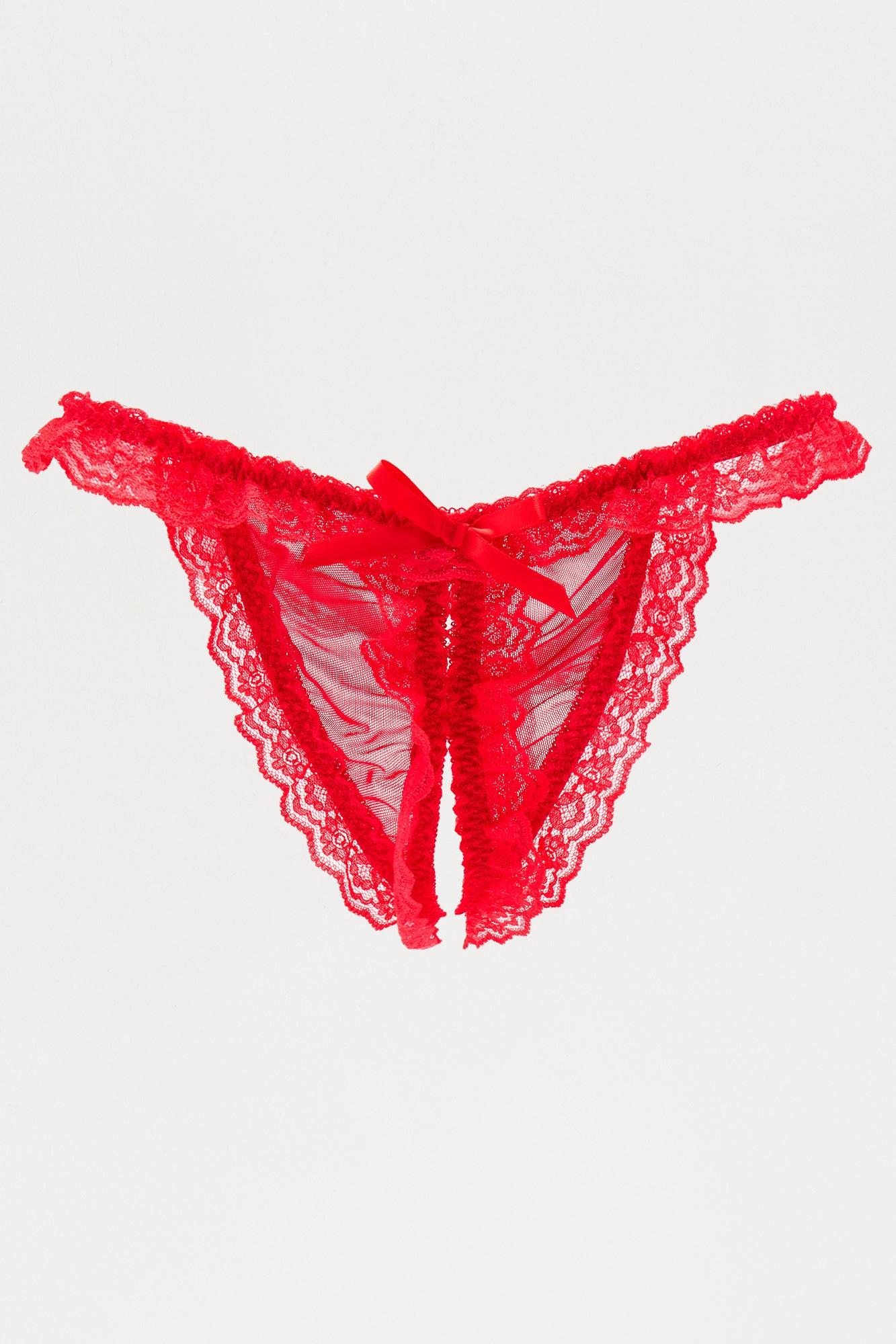 Mia Lace Crotchless Thong Panty - Red Female Product Image