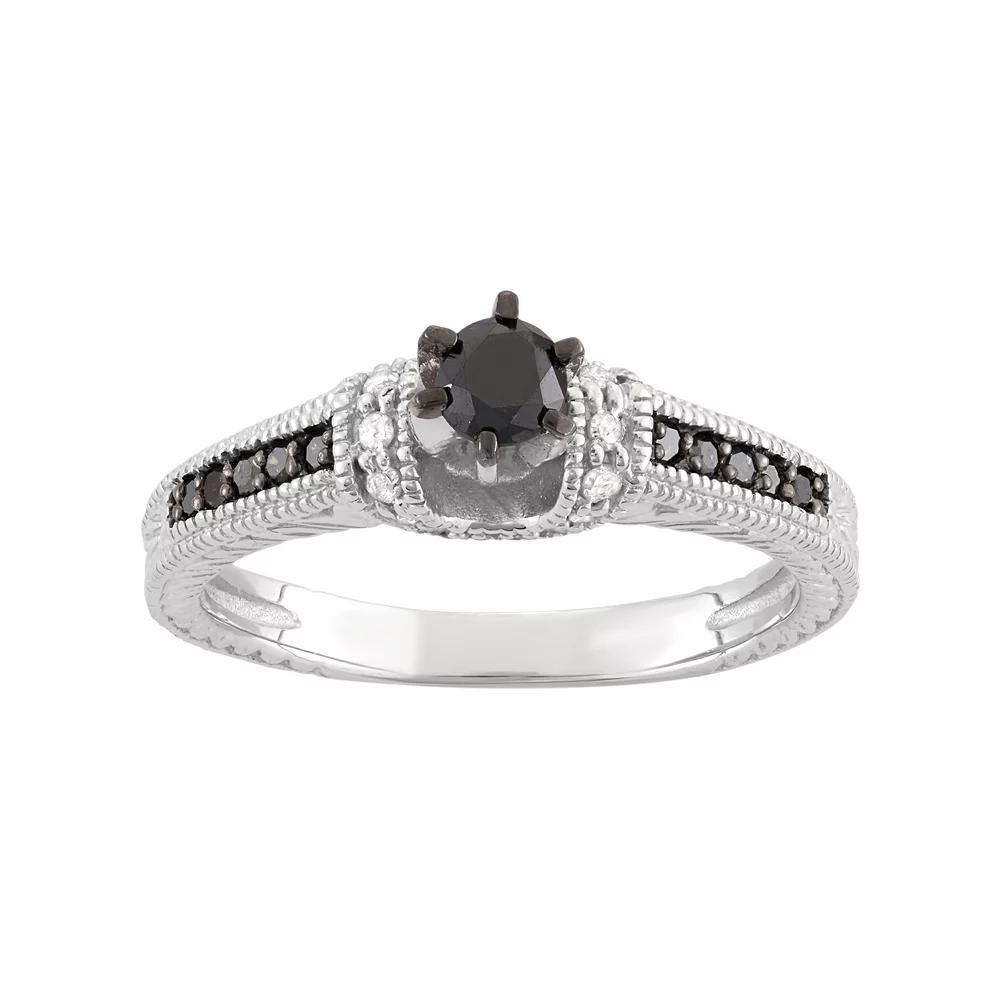 Jewelexcess 1/2 Carat T.W. Black & White Diamond Sterling Silver Miligrain Ring, Women's, Size: 6 Product Image