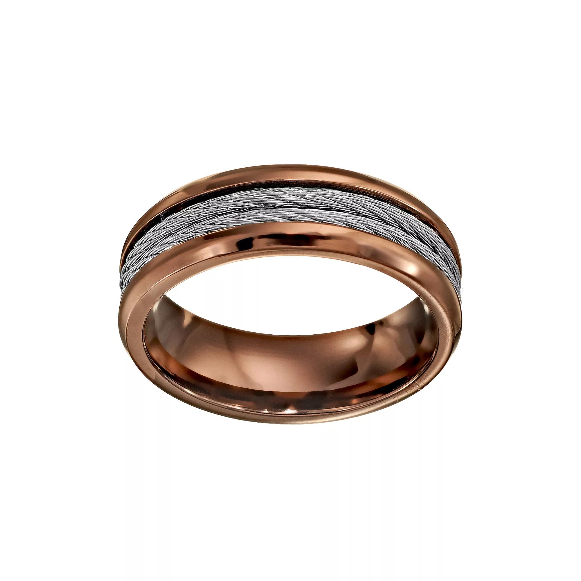 Two Tone Stainless Steel Cable Band - Men, Men's, Size: 12, Brown Product Image