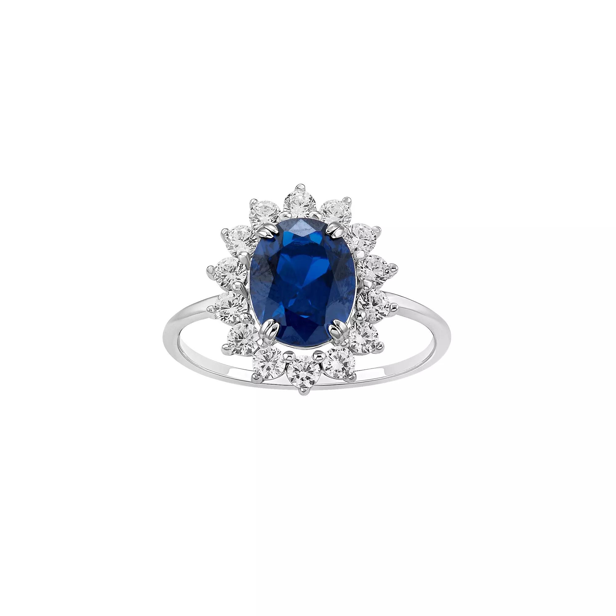 PRIMROSE Sterling Silver Simulated Sapphire Oval Center Stone With Cubic Zirconia Flower Polished Band Ring, Women's,  Product Image