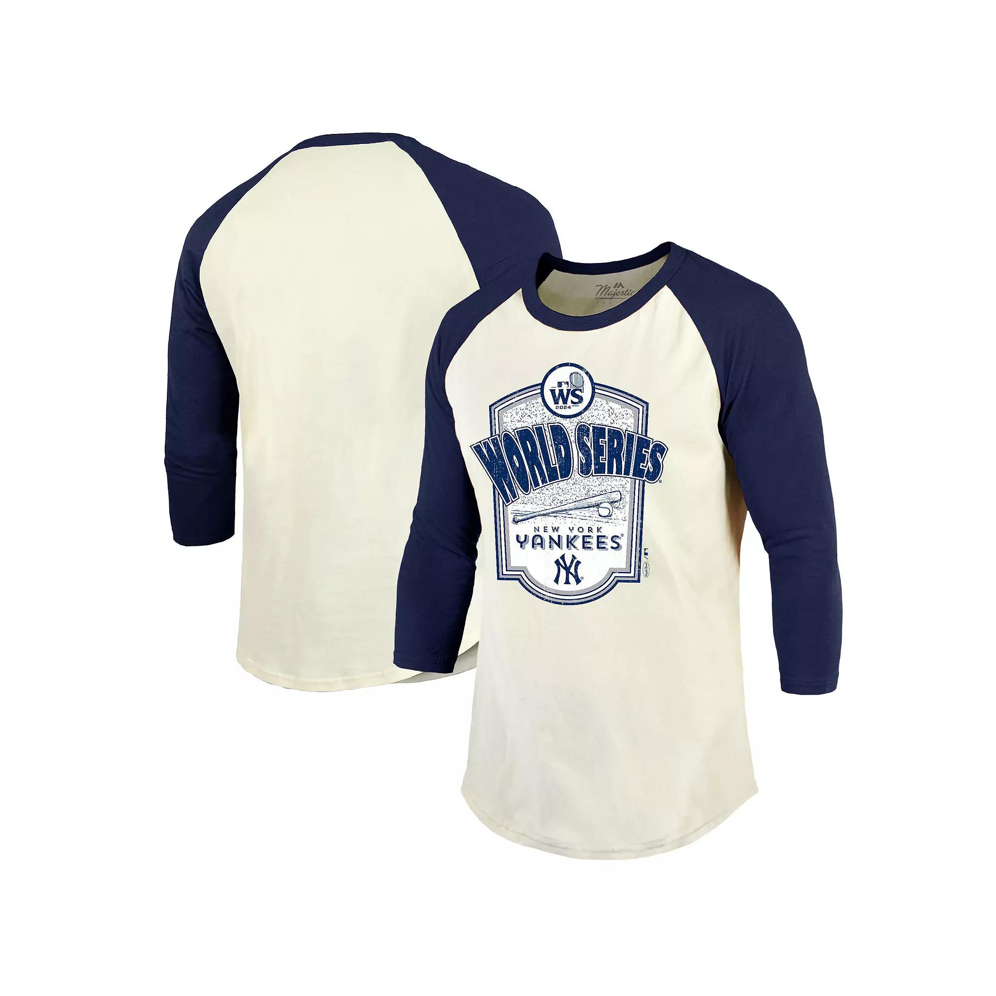 Men's Majestic Threads Cream/Navy New York Yankees 2024 World Series Raglan Softhand 3/4-Sleeve T-Shirt, Size: Medium, Beige Product Image