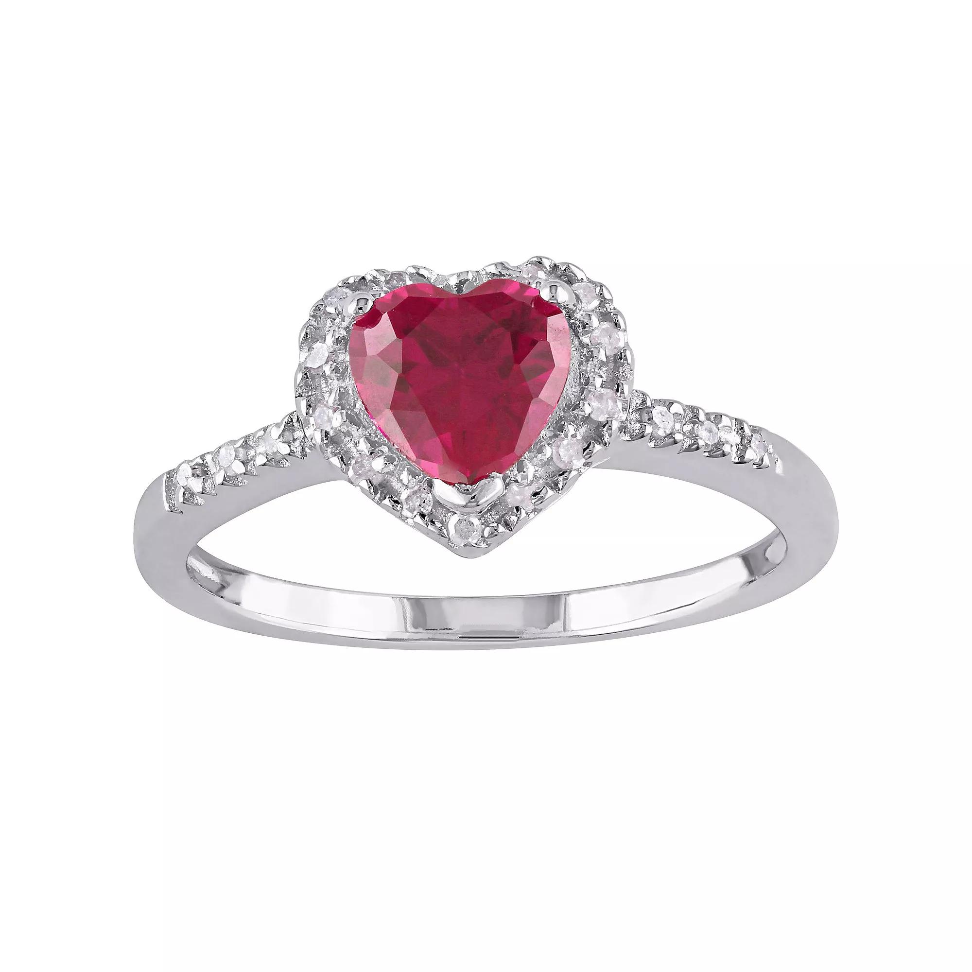Stella Grace Sterling Silver Lab Created Ruby & 1/10 Carat T.W. Diamond Heart Halo Ring, Women's,  Product Image