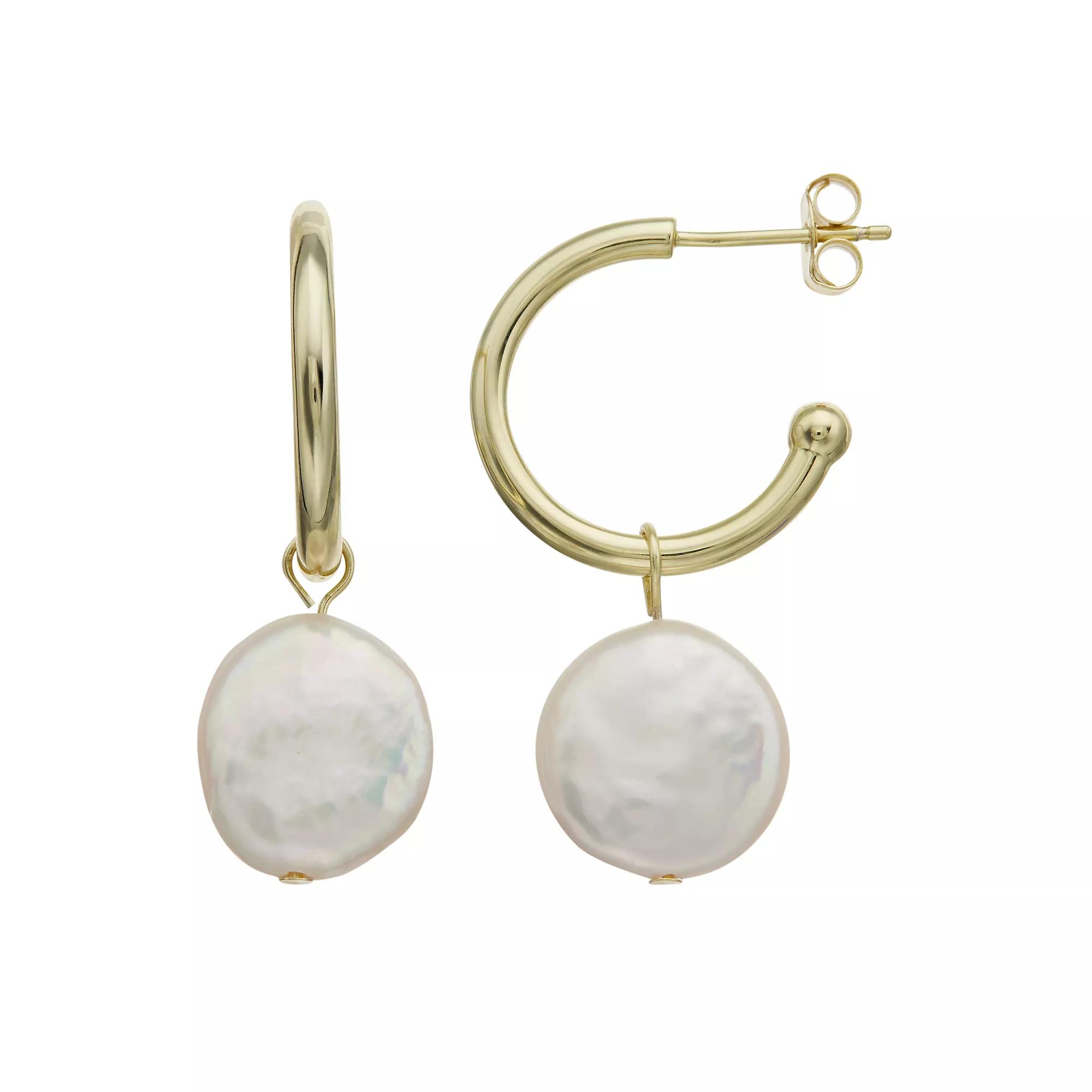 14k Gold-Plated Silver with Cultured Freshwater Pearl Drop C-Hoop Earrings, Womens, Gold Tone Product Image
