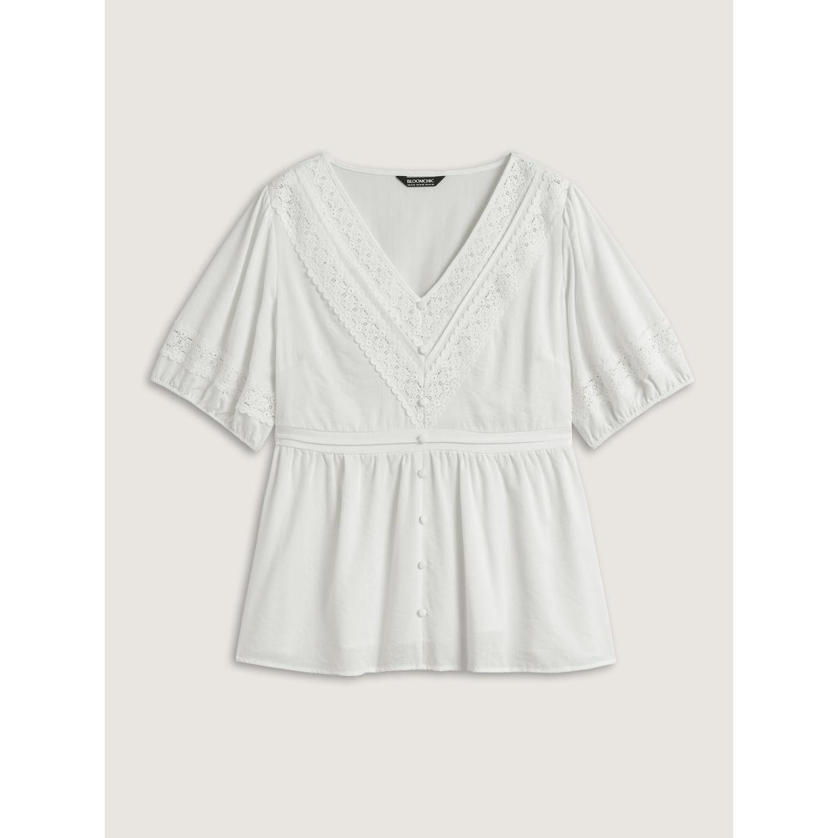 Plus Size Originalwhite Lace Trim V-Neck Puffy Sleeve Blouse Women Half Sleeve V-neck Everyday-Elegant Blouses BloomChic 12/L Product Image