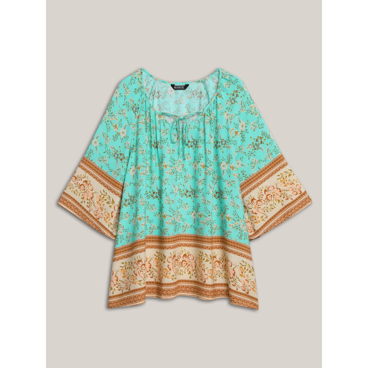 Plus Size Malachitegreen Boho Print Neck Ties Relaxed Fit Shirt Women Boho Elbow-length sleeve V-neck Vacation Blouses BloomChic 12/L Product Image