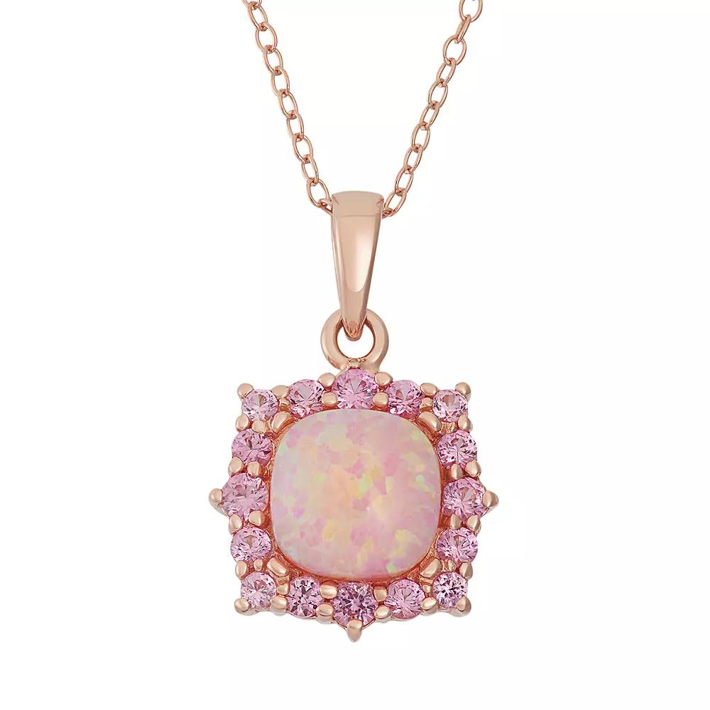 Lab-Created Pink Opal & Lab-Created Pink Sapphire 18k Rose Gold Over Silver Square Halo Pendant Necklace, Women's, Size: 18", Gold Tone Product Image