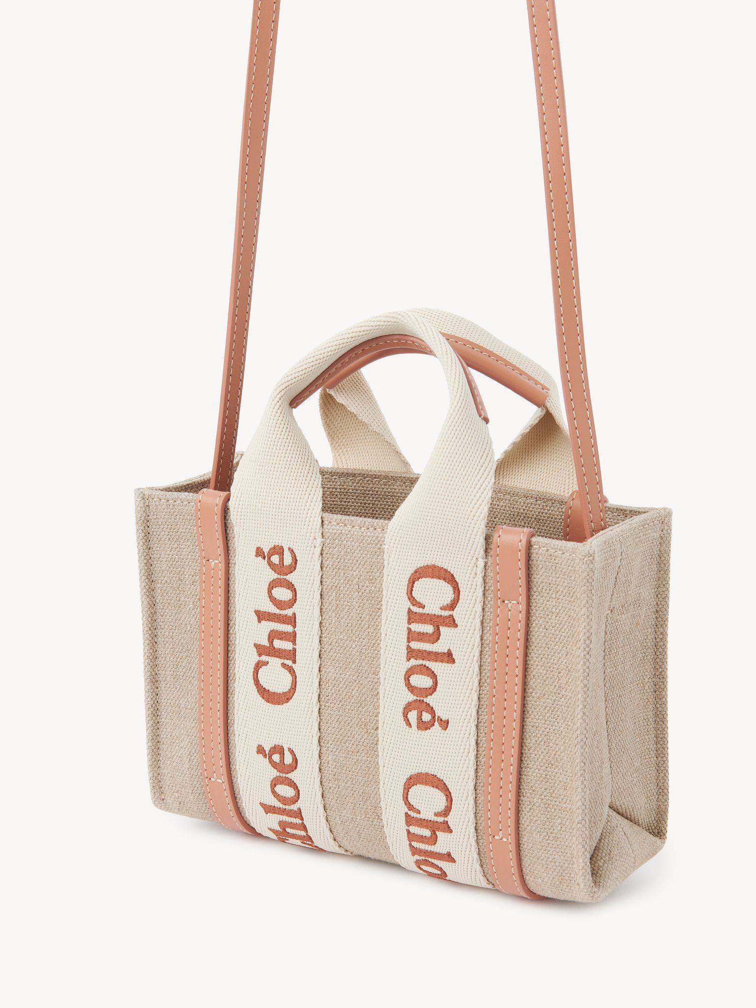 Mini Woody tote bag in linen & leather Product Image