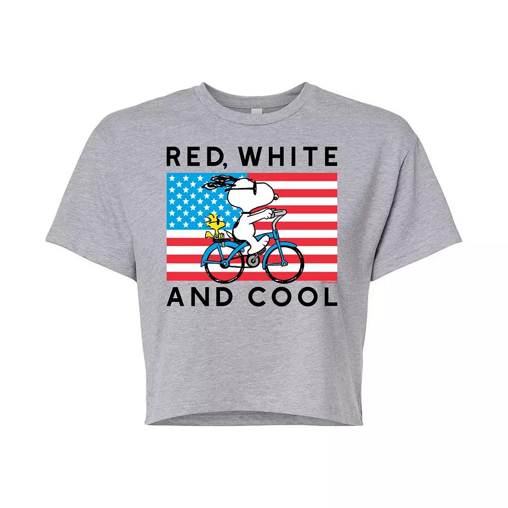 Juniors' Peanuts Bike Riding Snoopy "Red, White & Cool" Cropped Tee, Girl's,  Product Image