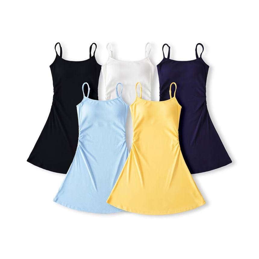 Spaghetti Strap Scoop Neck Plain Ruched Mini A-Line Dress Product Image