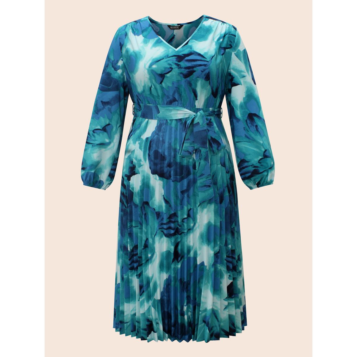 Plus Size Watercolor Floral Pleated Belted Dress DarkBlue Women Elegant Belted V-neck Long Sleeve Curvy BloomChic 22-24/3X Product Image