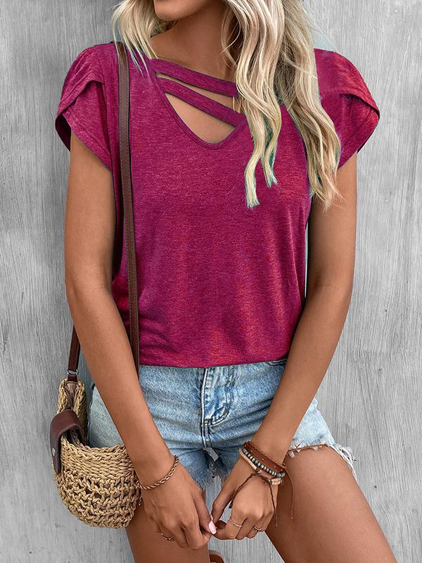 Loose Short Sleeves Solid Color V-Neck T-Shirts Tops Product Image