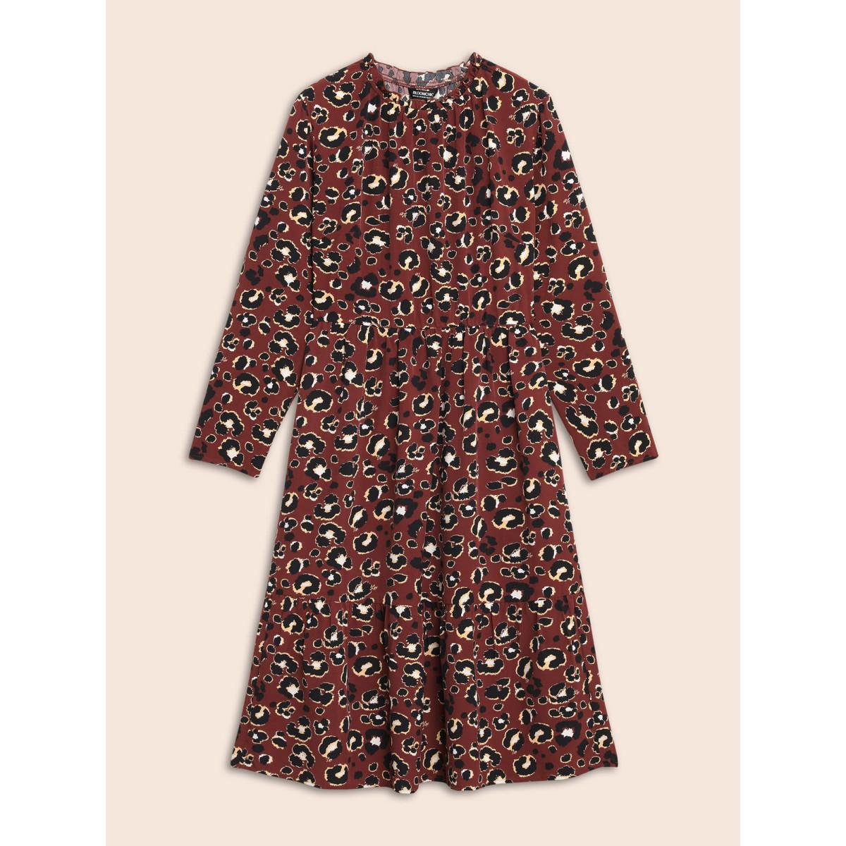 Plus Size Leopard Print Mock Neck Frill Trim Dress Russet Women Elegant Frill Trim Mock Neck Long Sleeve Curvy BloomChic 22-24/3X Product Image