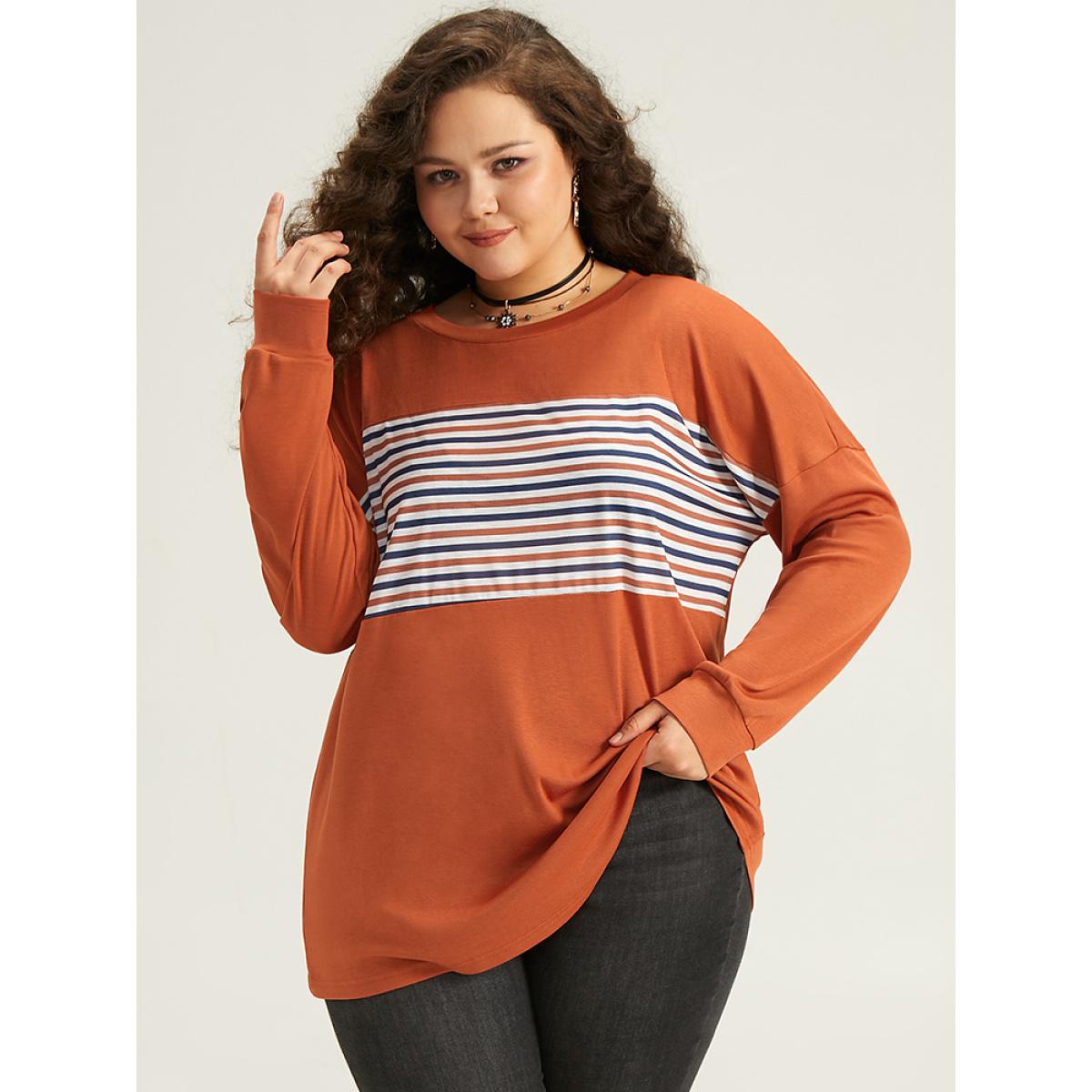 Plus Size Halloween Striped Patchwork Round Neck Drop Shoulder T-shirt Chocolate Women Casual Contrast Striped Round Neck Festival-Halloween T-shirts BloomChic 22-24/3X Product Image