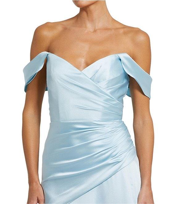 Mac Duggal Off-The-Shoulder Ruched Bodice Satin Charmeuse Drop Waist Gown Product Image