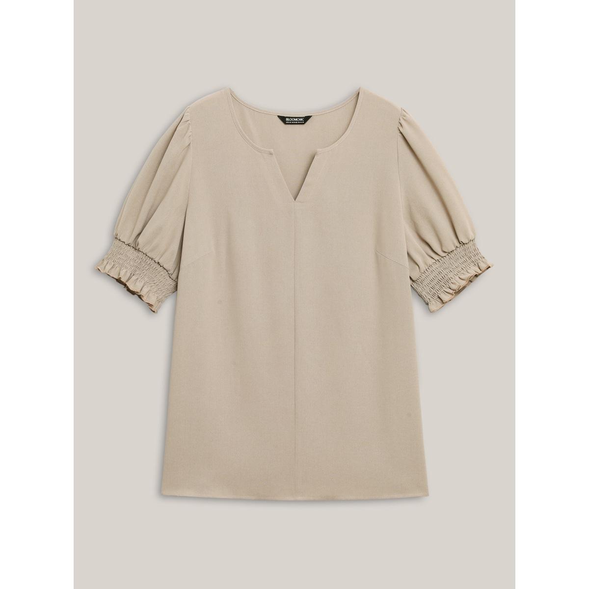 Plus Size Champagne Shirred Puff Sleeve Split Neck Shirt Women Half Sleeve Notched collar Work Blouses BloomChic 12/L Product Image