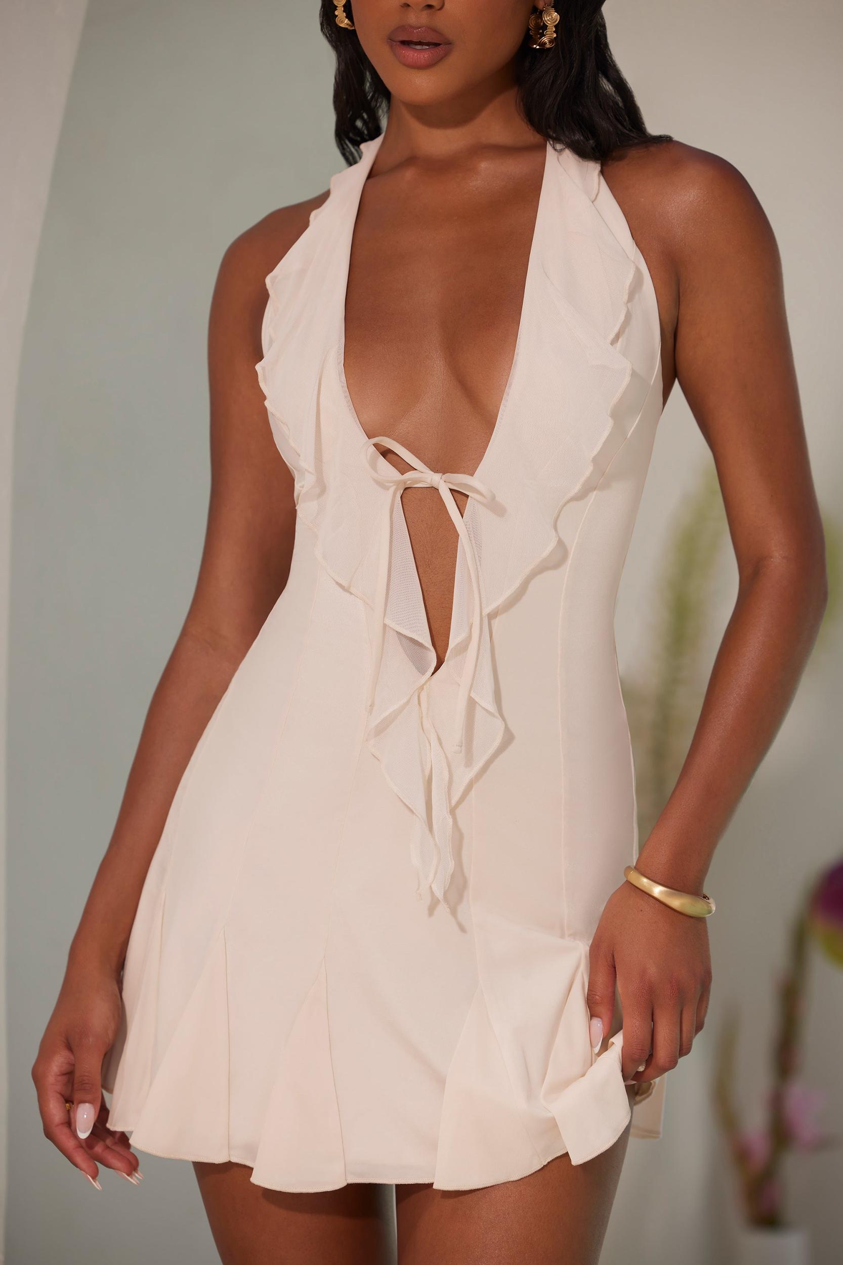 Halter Neck Ruffle A-Line Mini Dress in Ivory Product Image