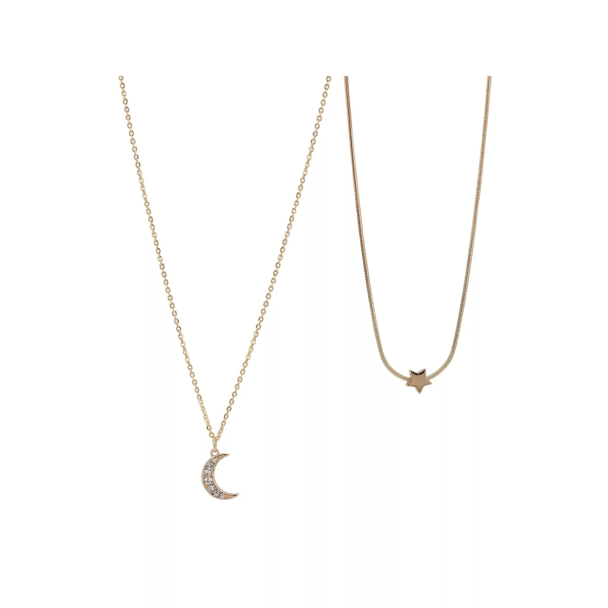 FAO Schwarz Gold Tone Crystal Star & Moon Duo Necklaces Set, Women's Product Image