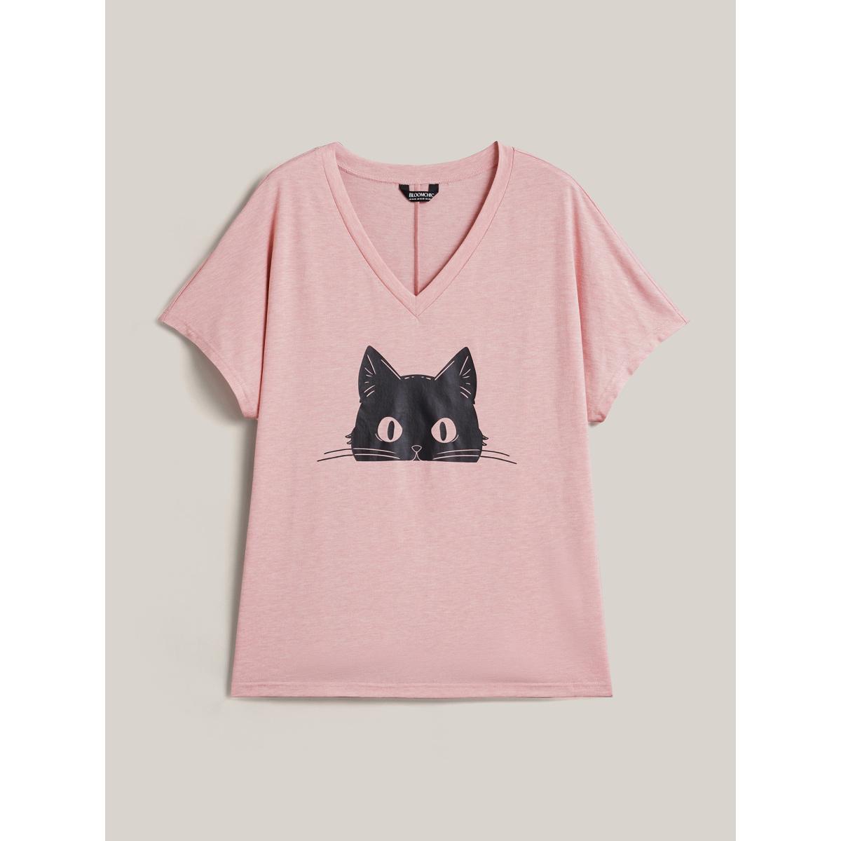 Plus Size Cat Print V-Neck Half Sleeve T-Shirt Crepe Women Casual Non Animals V-neck Everyday T-shirts BloomChic 12/L Product Image