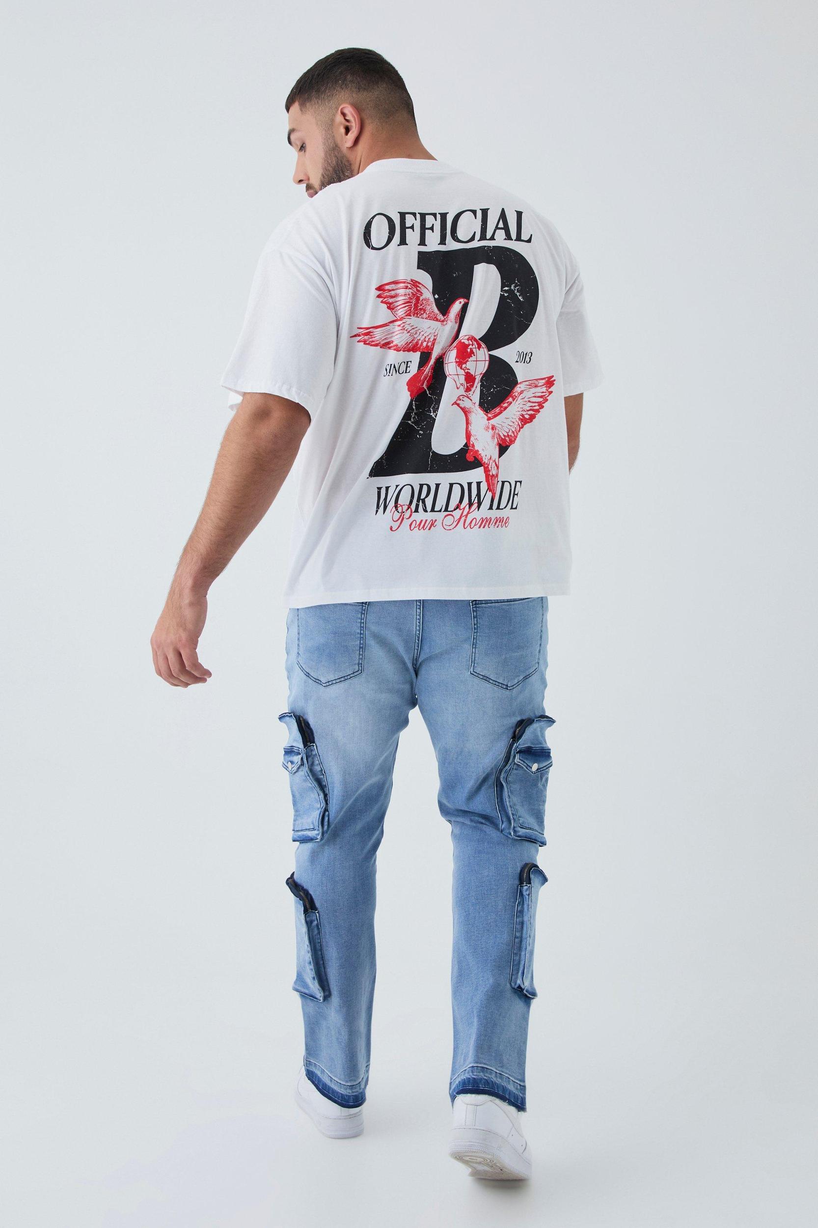 Plus Raw Seam Detail Stretch Skinny Ripped Cargo Flared Jeans | boohooMAN USA Product Image