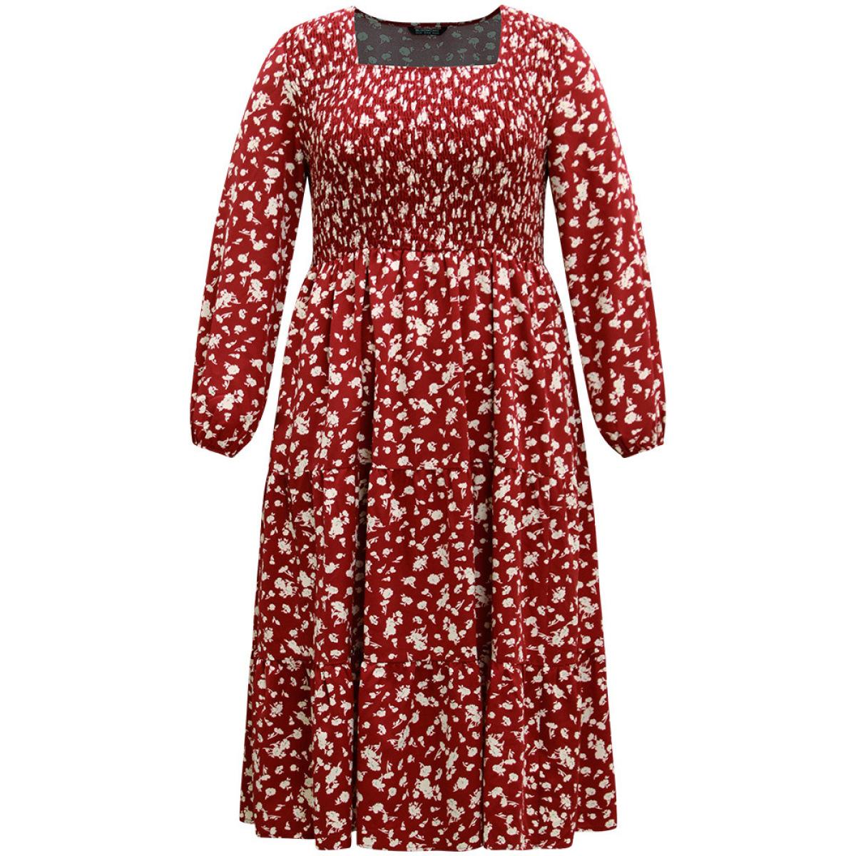 Plus Size Ditsy Floral Square Neck Shirred Gathered Dress Scarlet Women Casual Elastic cuffs Square Neck Long Sleeve Curvy Midi Dress BloomChic 26/4X Product Image