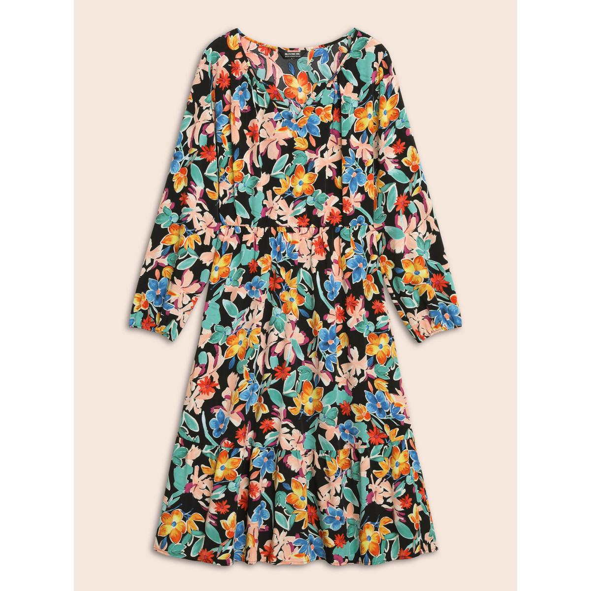 Plus Size Colored Floral Notched Elastic Waist Midi Dress Black Women Elegant Gathered Flat collar with V-notch Extra Long Sleeve Curvy BloomChic 22-24/3X Product Image
