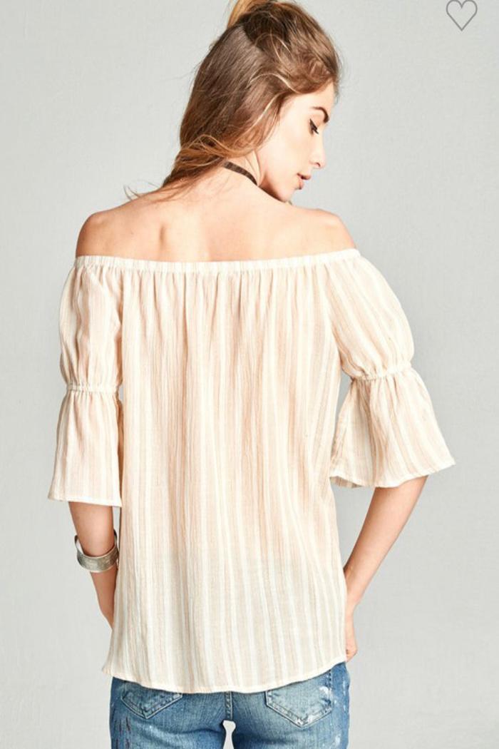 Off-The-Shoulder Striped Cotton Blouse Product Image