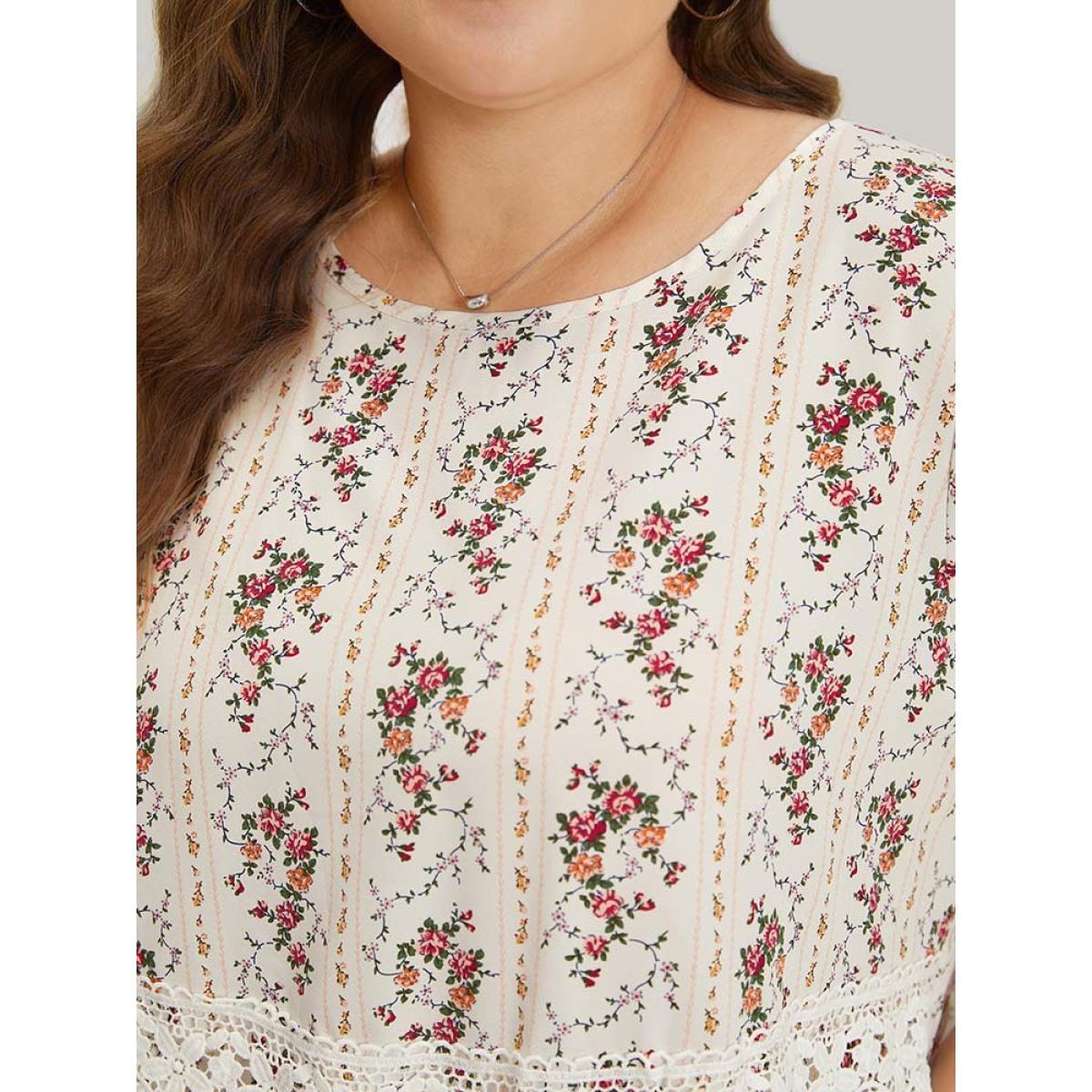 Plus Size White Ditsy Floral Lace Panel Elastic Waist Blouse Women Elegant Short sleeve Round Neck Dailywear Blouses BloomChic 14-16/1X Product Image
