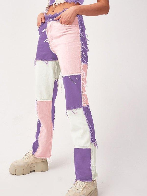 Pastel Patchwork Denim Boyfriend Jeans Product Image
