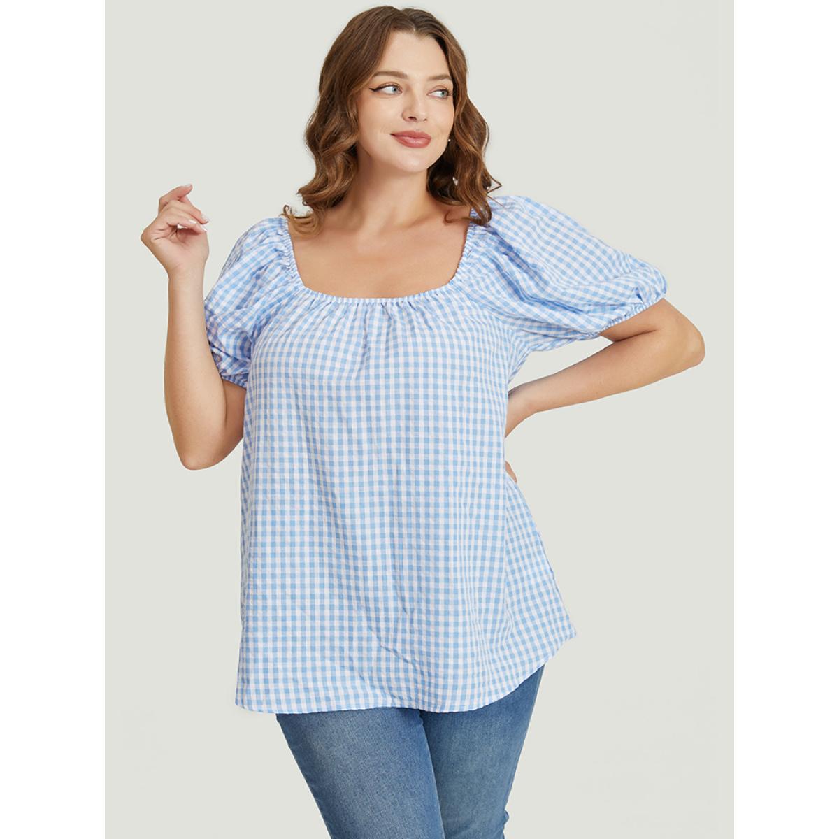 Plus Size LightBlue Gingham Print Square Neck Puff Sleeve Blouse Women Vacation Short sleeve Square Neck Dailywear Blouses BloomChic 10/M Product Image