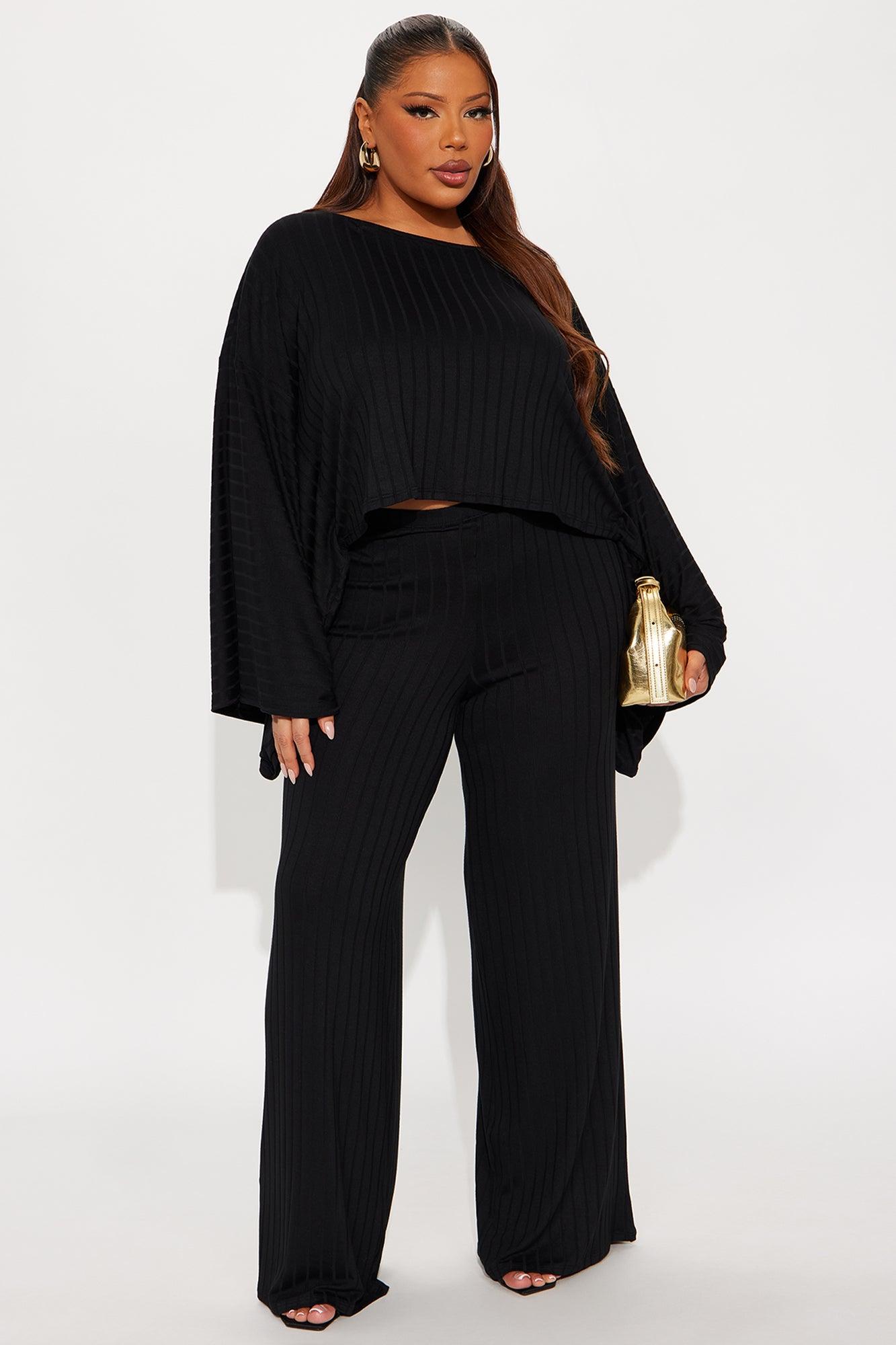 Come Find Me Ribbed Cropped Top Pant Set - Black Female Product Image