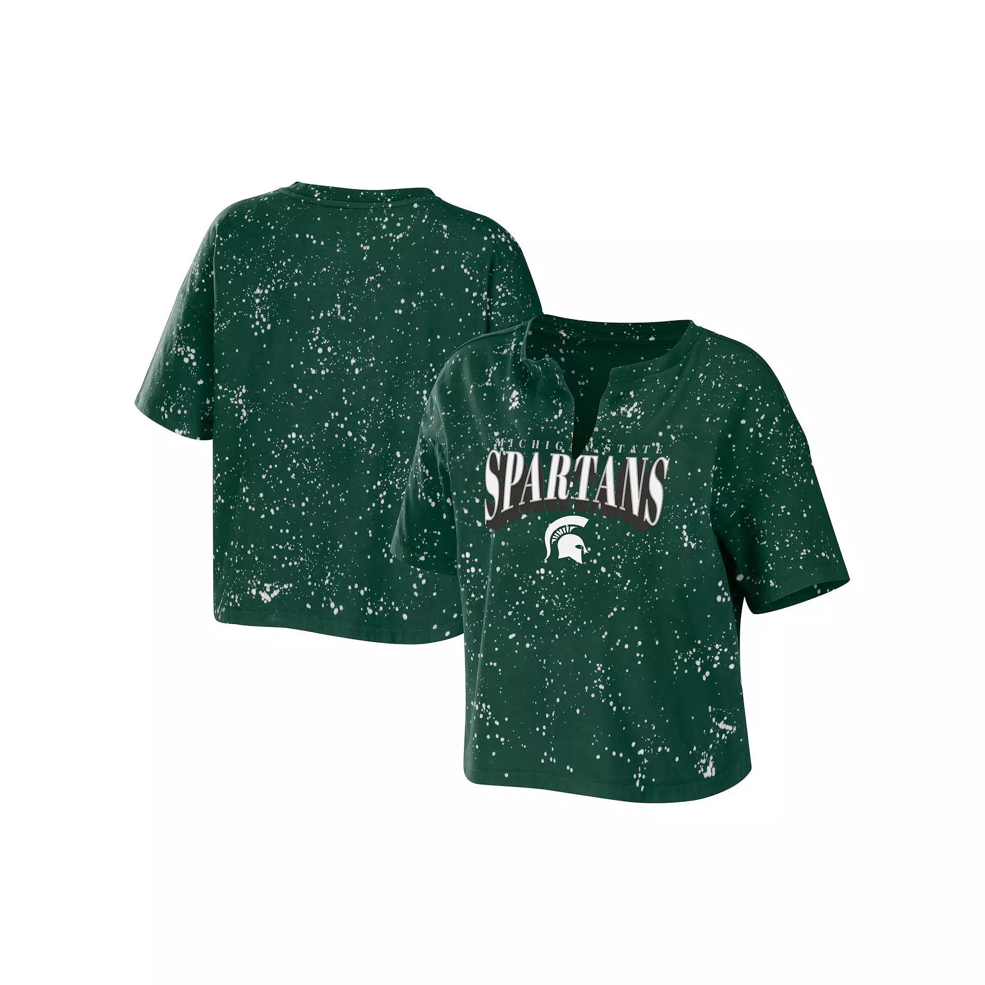 Women's WEAR by Erin Andrews Green Michigan State Spartans Bleach Wash Splatter Notch Neck T-Shirt, Size: 2XL Product Image