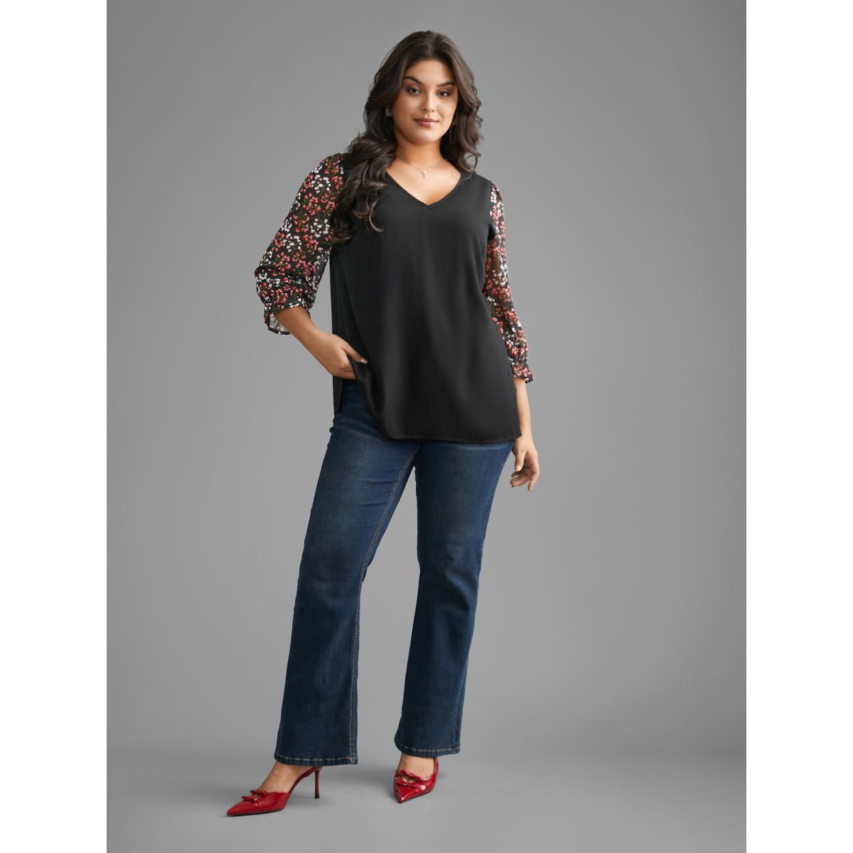 Plus Size Black V Neck Ditsy Floral Patchwork Blouse Women Elegant Elbow-length sleeve V-neck Everyday Blouses BloomChic 10/M Product Image