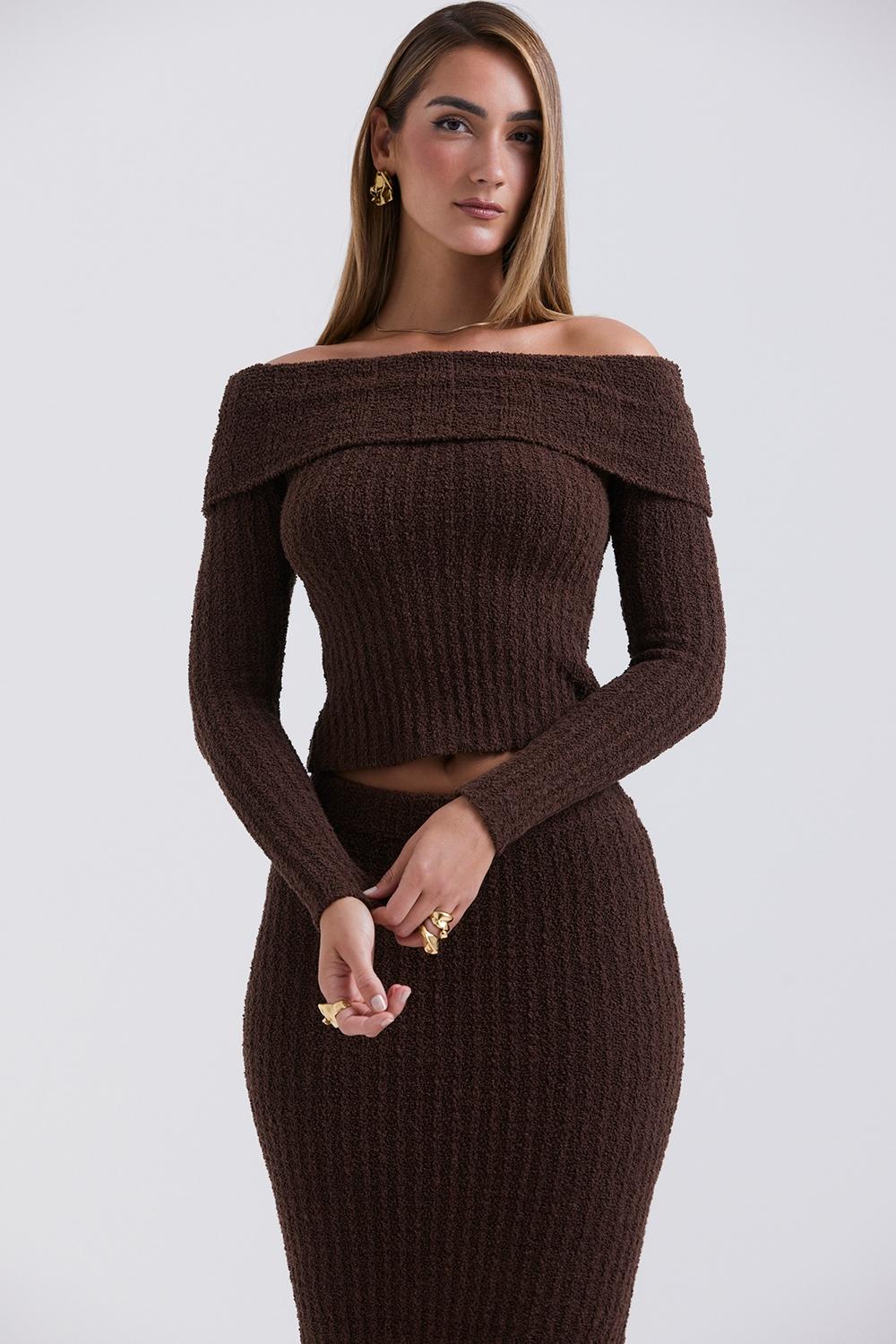 Saffron  chocolate soft boucle knit top - sale Product Image
