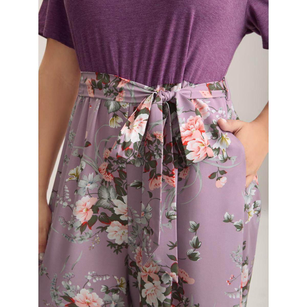 Plus Size Lilac Color Contrast Belted Panel Pockets Jumpsuit Women Timeless Short sleeve Square Neck Elegant Loose Jumpsuits BloomChic 30/6X Product Image