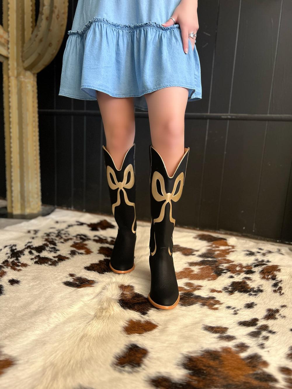 Black and Gold Bow Boots Product Image