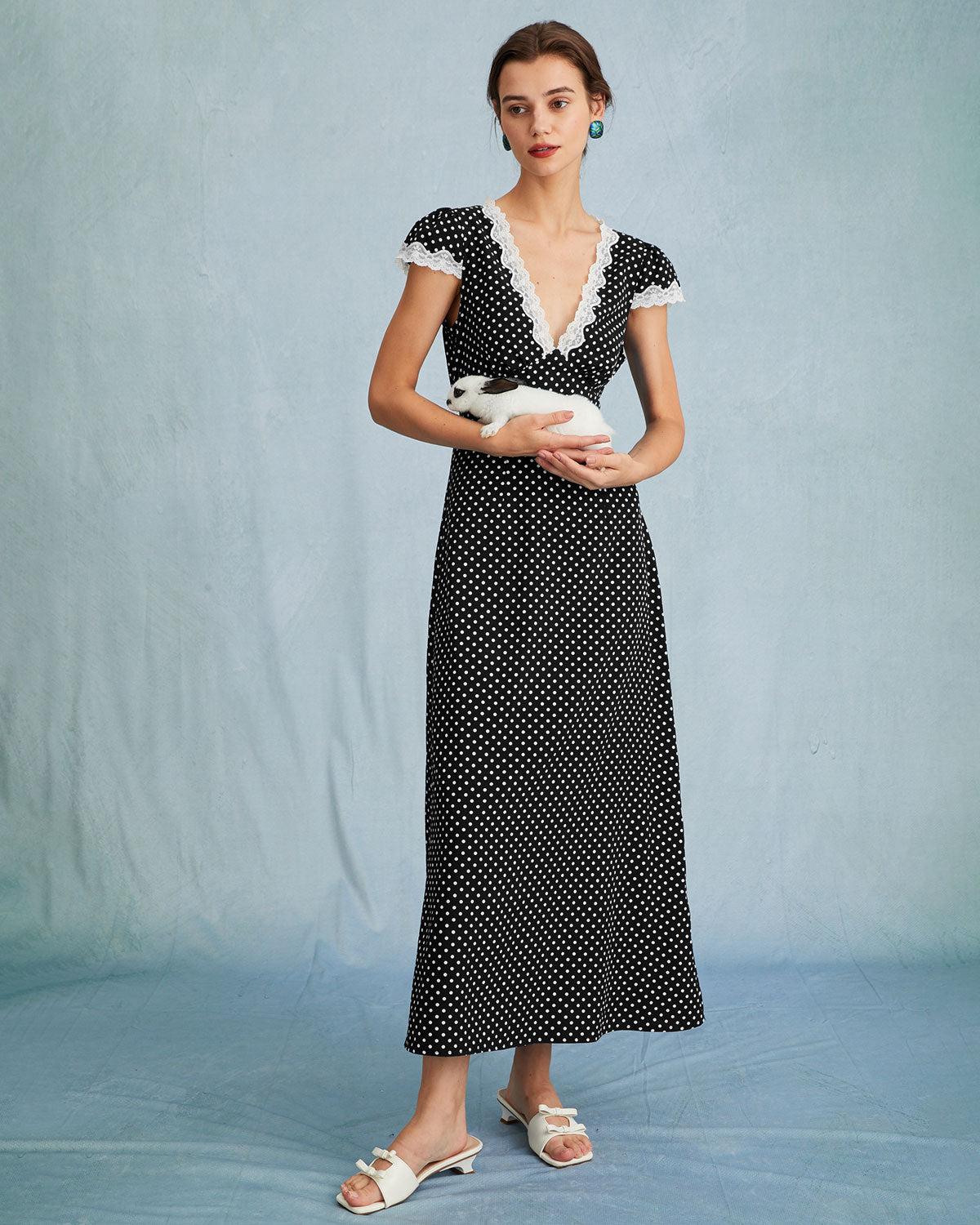 Black Polka Dot Lace Trim Maxi Dress Product Image