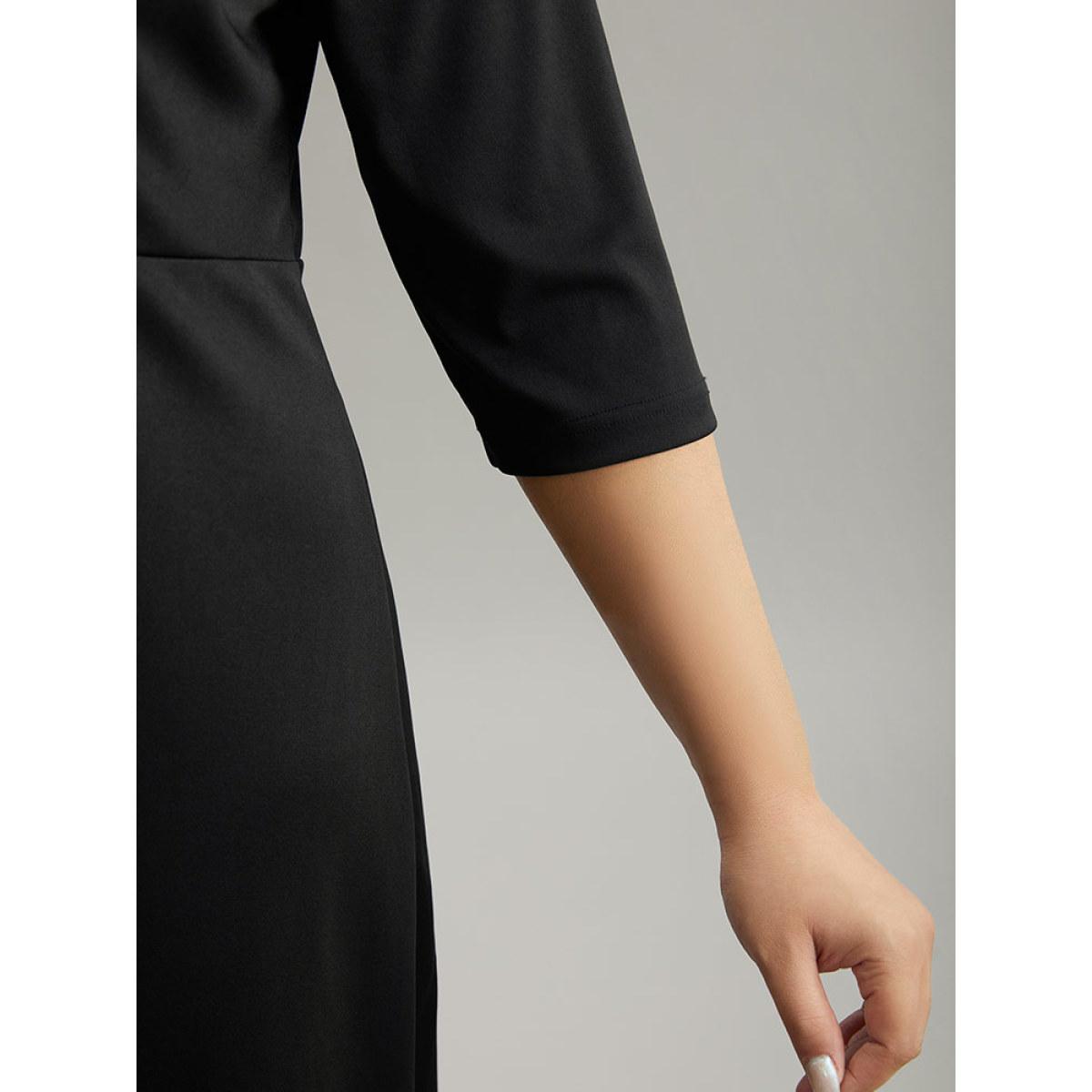 Plus Size Round Neck Sequin Pearl Beaded Dress Black Women Glamour Beaded Round Neck Elbow-length sleeve Curvy Midi Dress BloomChic 14-16/1X Product Image