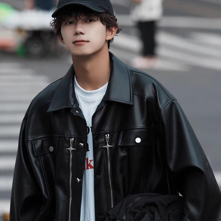 Collared Plain Zipped Button-Up Faux Leather Jacket Product Image