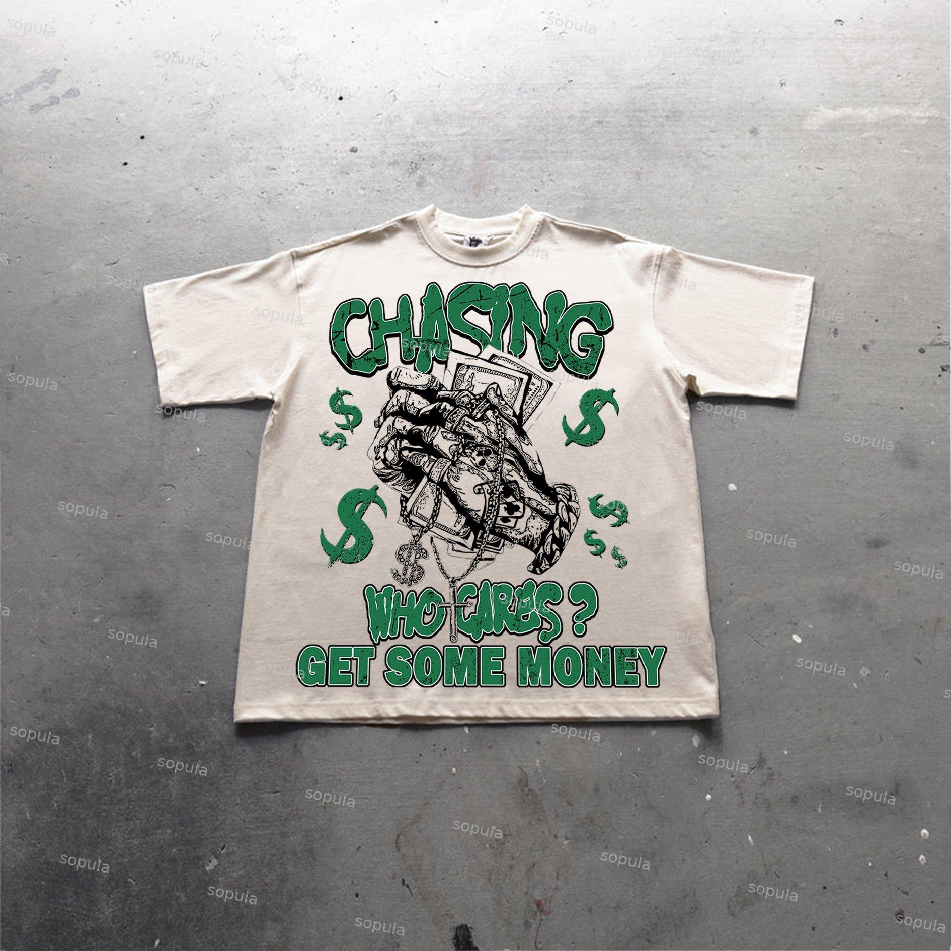 Vintage Chasing Money Graphic Print Cotton T-Shirt Product Image