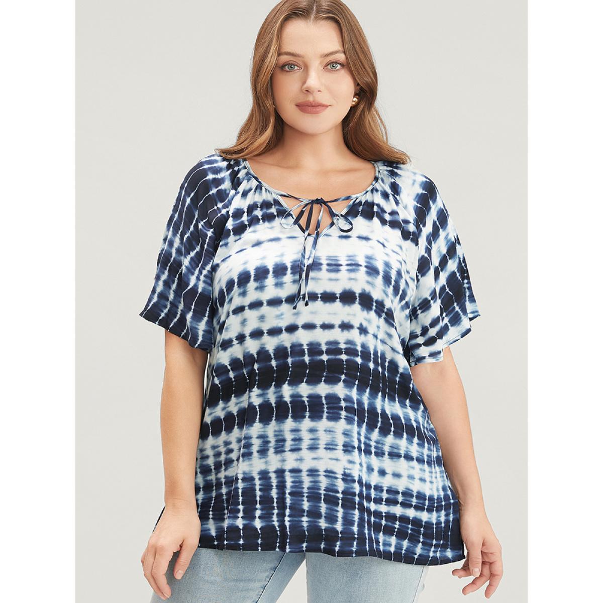 Plus Size Stone Tie Dye Raglan Sleeve Tie V Neck Blouse Women Vacation Short sleeve V-neck Dailywear Blouses BloomChic 30/6X Product Image