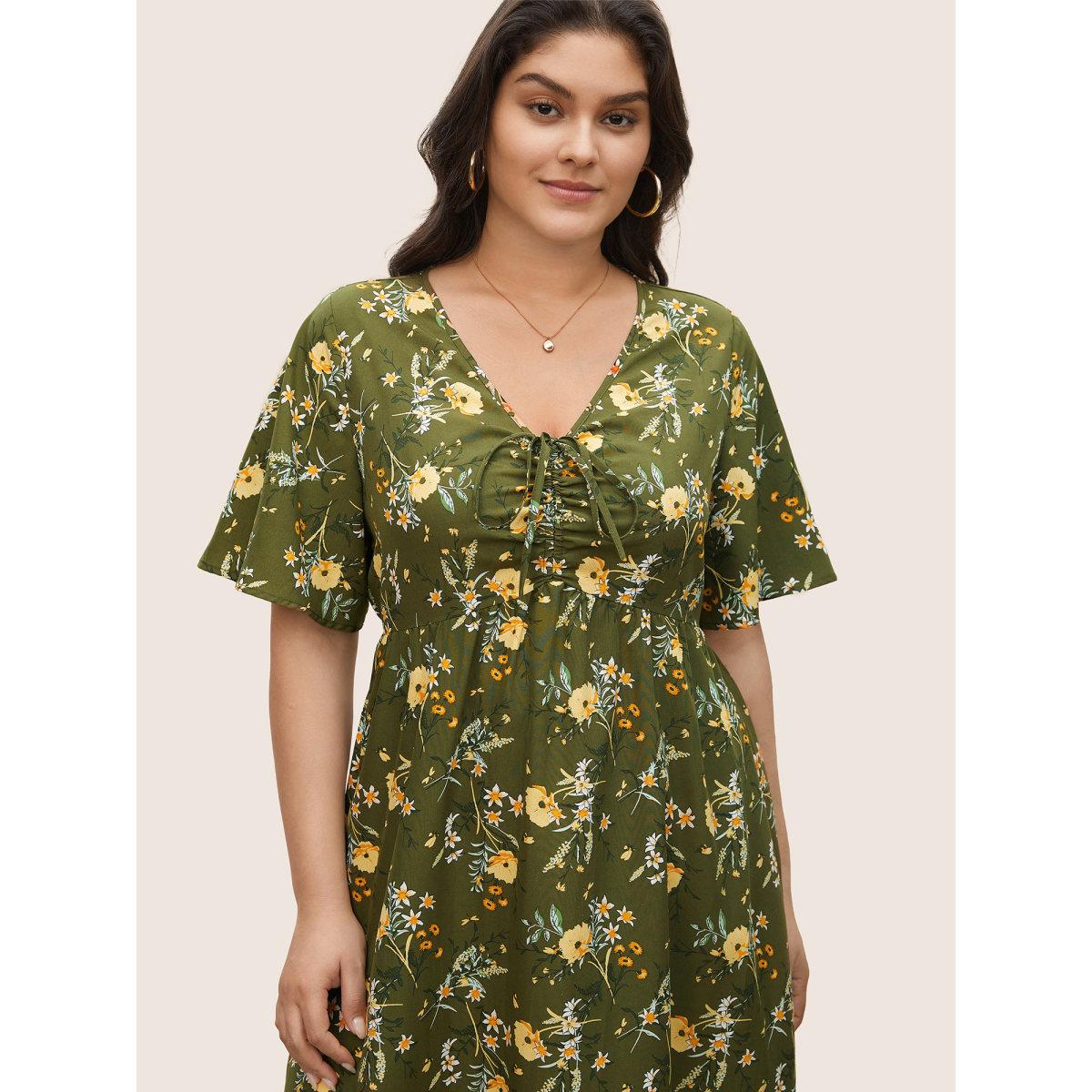 Plus Size Floral Elastic Waist Drawstring Pocket Dress Moss Women Elegant Non V-neck Short sleeve Curvy Midi Dress BloomChic 10/M Product Image